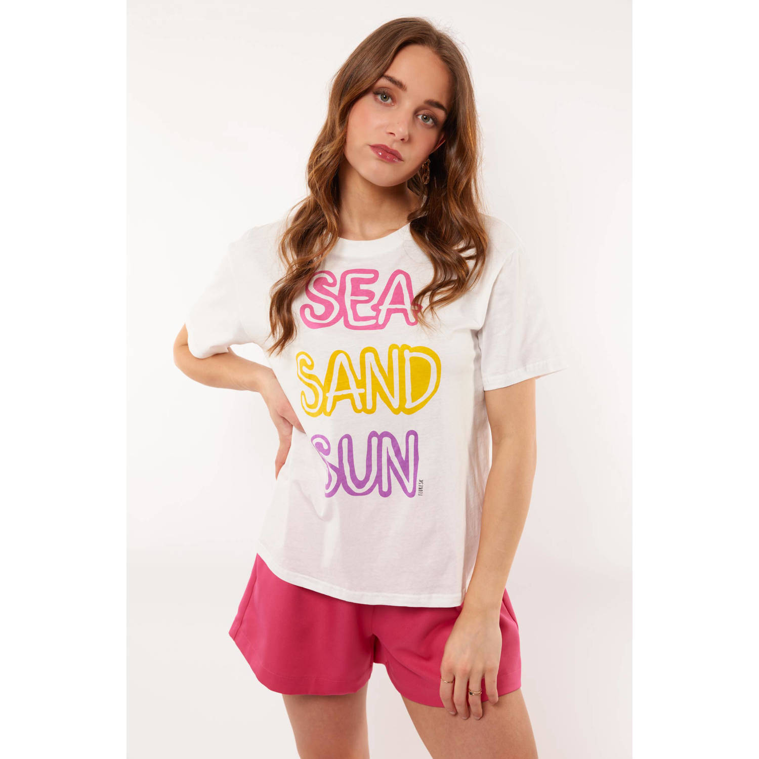 FLURESK T-shirt Stelle met tekst ecru lila