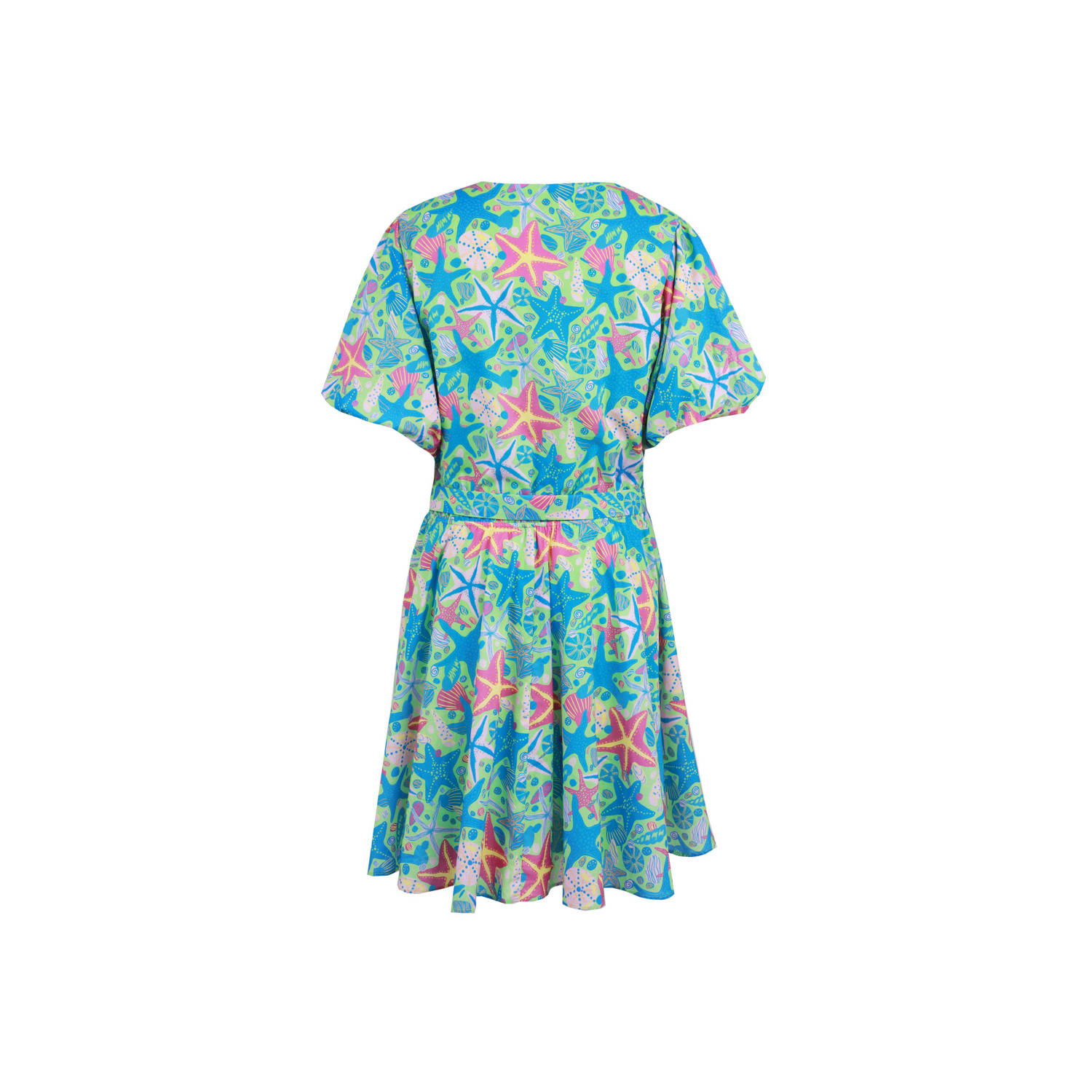 FLURESK jurk Lysa met all over print en ceintuur blauw lichtgroen