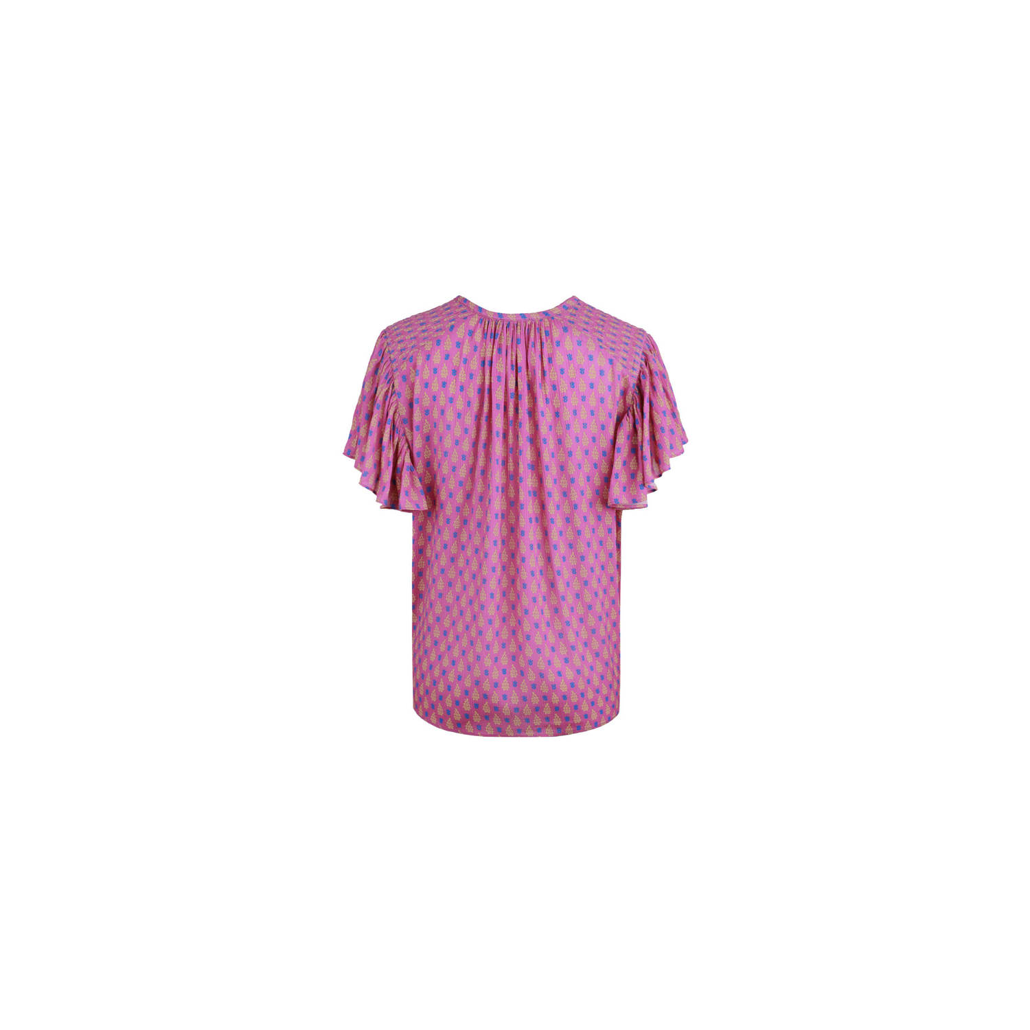 FLURESK top Lilla met all over print en plooien lila geel