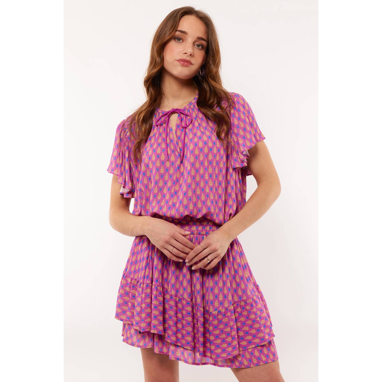 FLURESK top Lilla met all over print en plooien lila geel