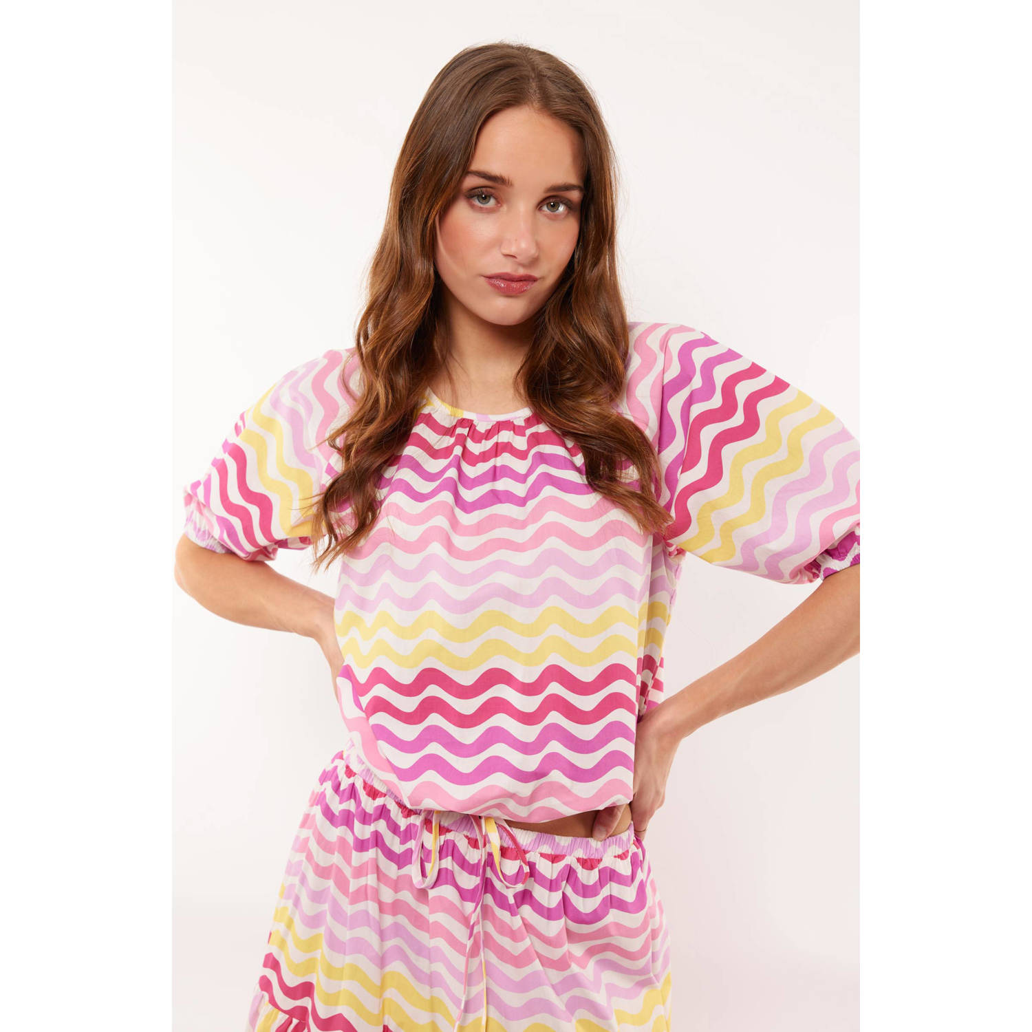 FLURESK top Tirza met all over print ecru roze