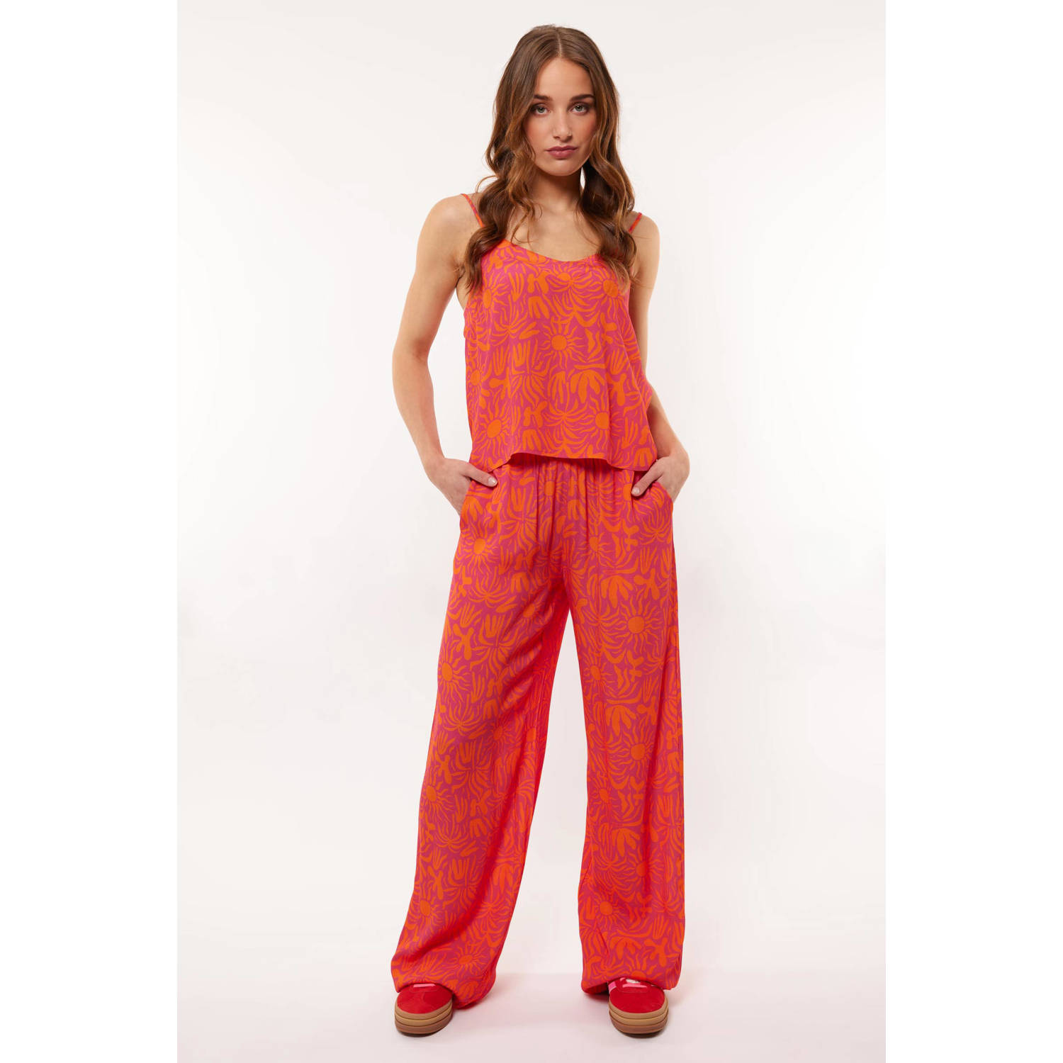 FLURESK wide leg broek Kat met all over print roze oranje