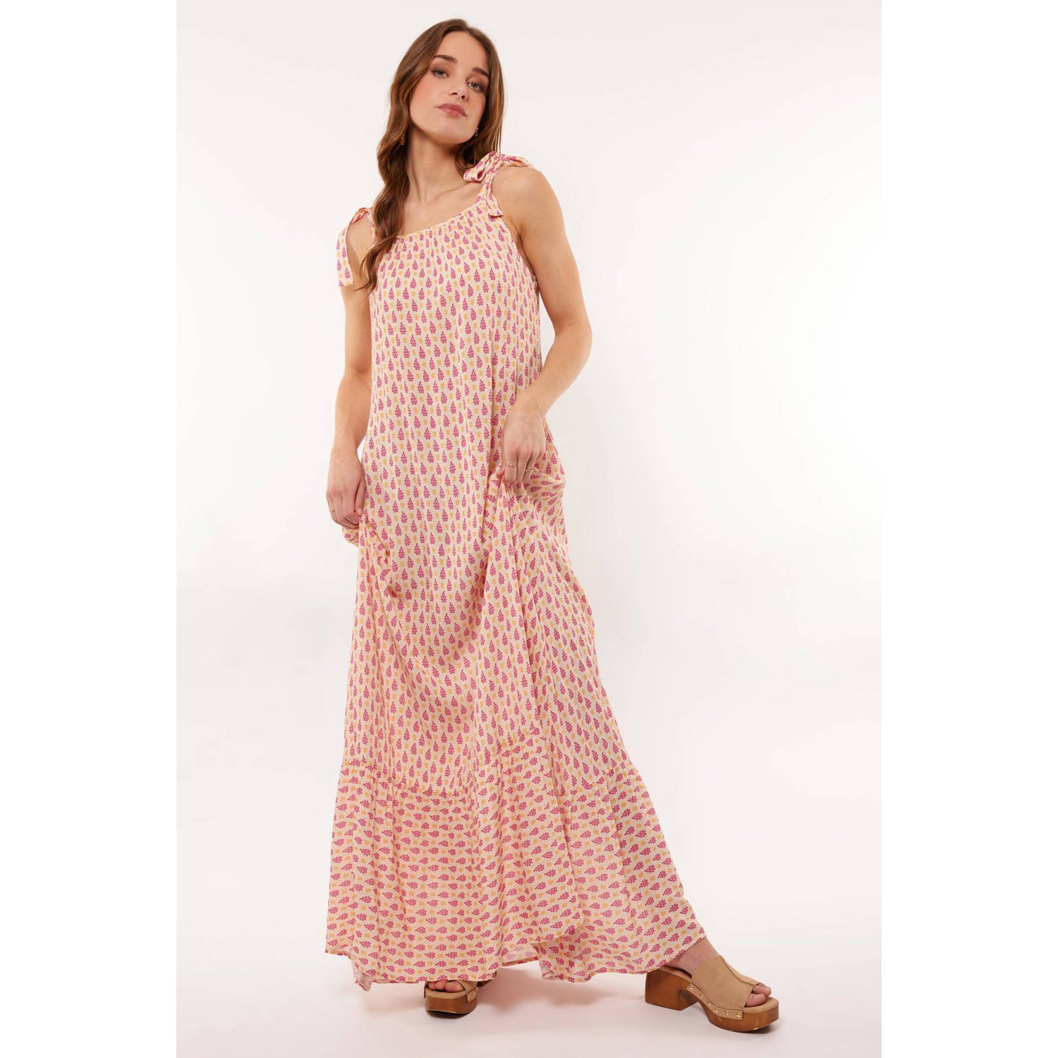 FLURESK maxi jurk Cenna met all over print en volant ecru roze