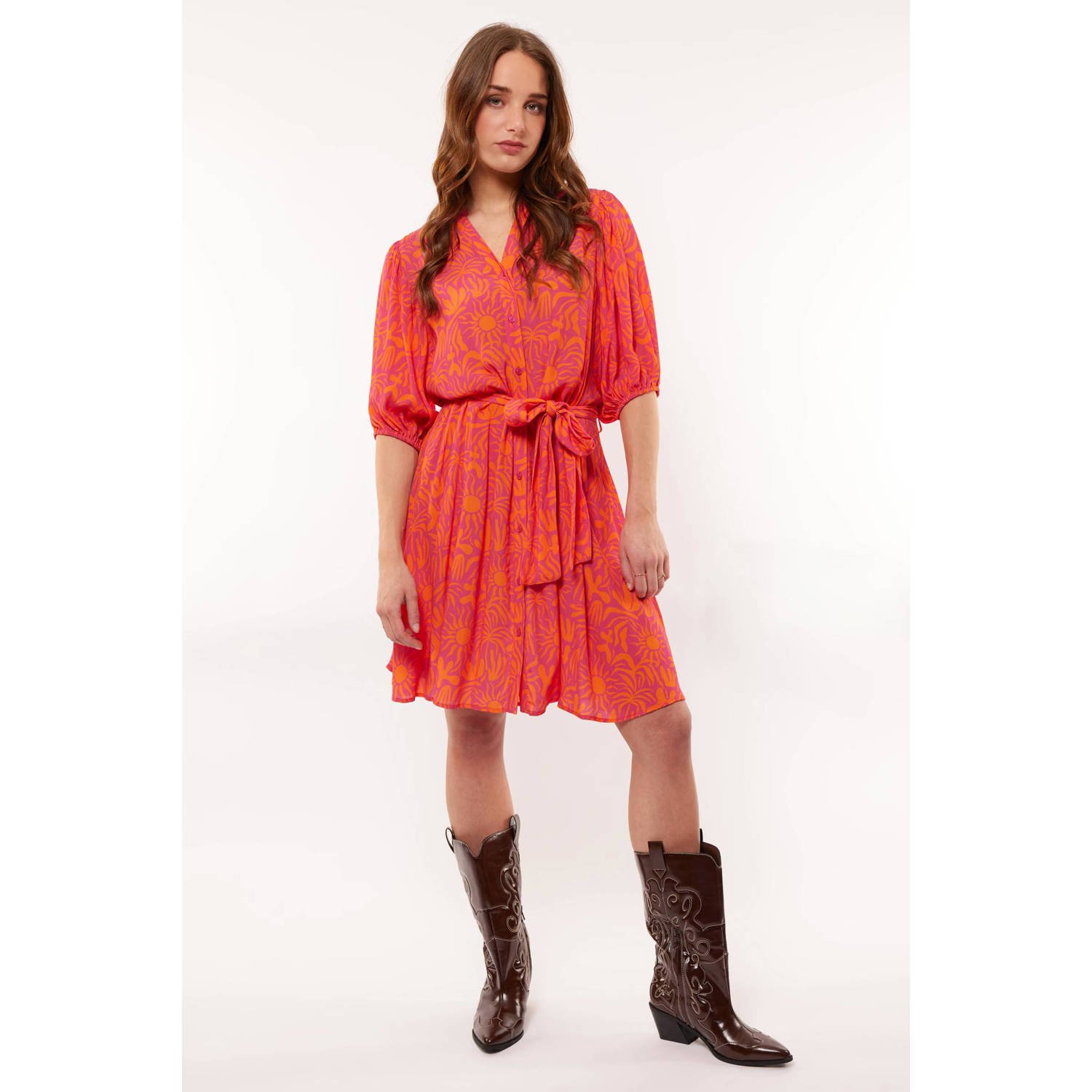 FLURESK blousejurk Nonna met all over print en plooien roze oranje