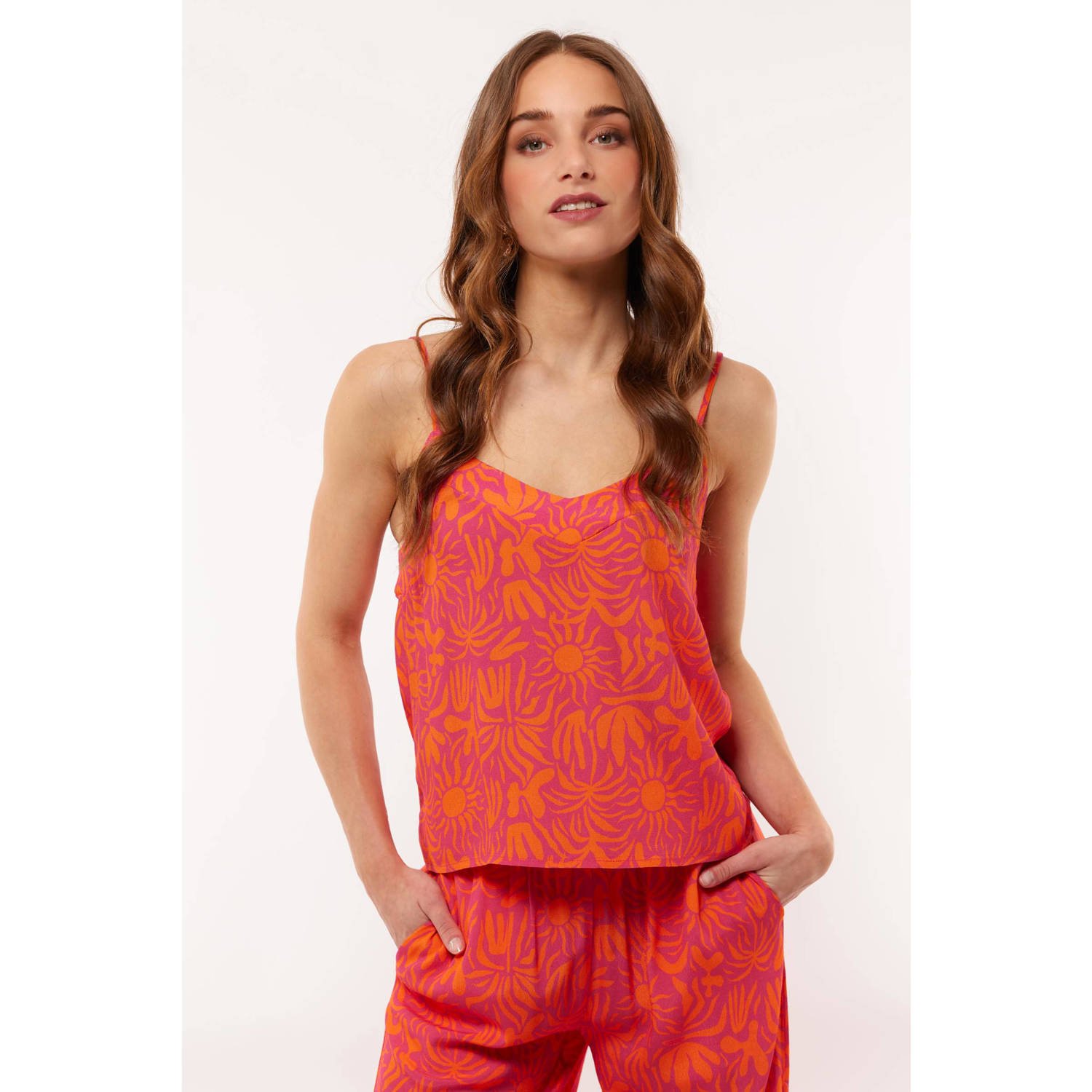 FLURESK spaghettitop Flori met all over print roze oranje