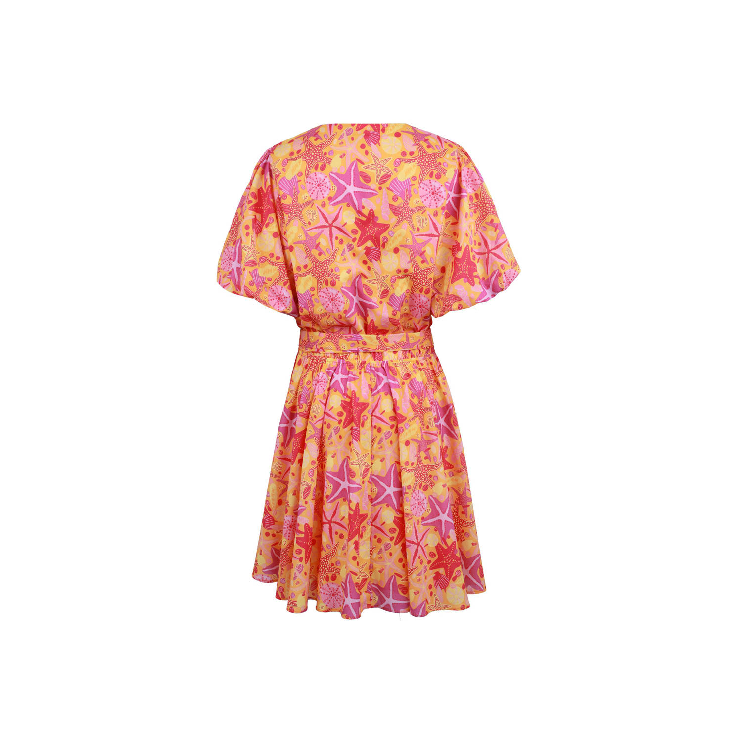 FLURESK jurk Lysa met all over print en ceintuur oranje roze