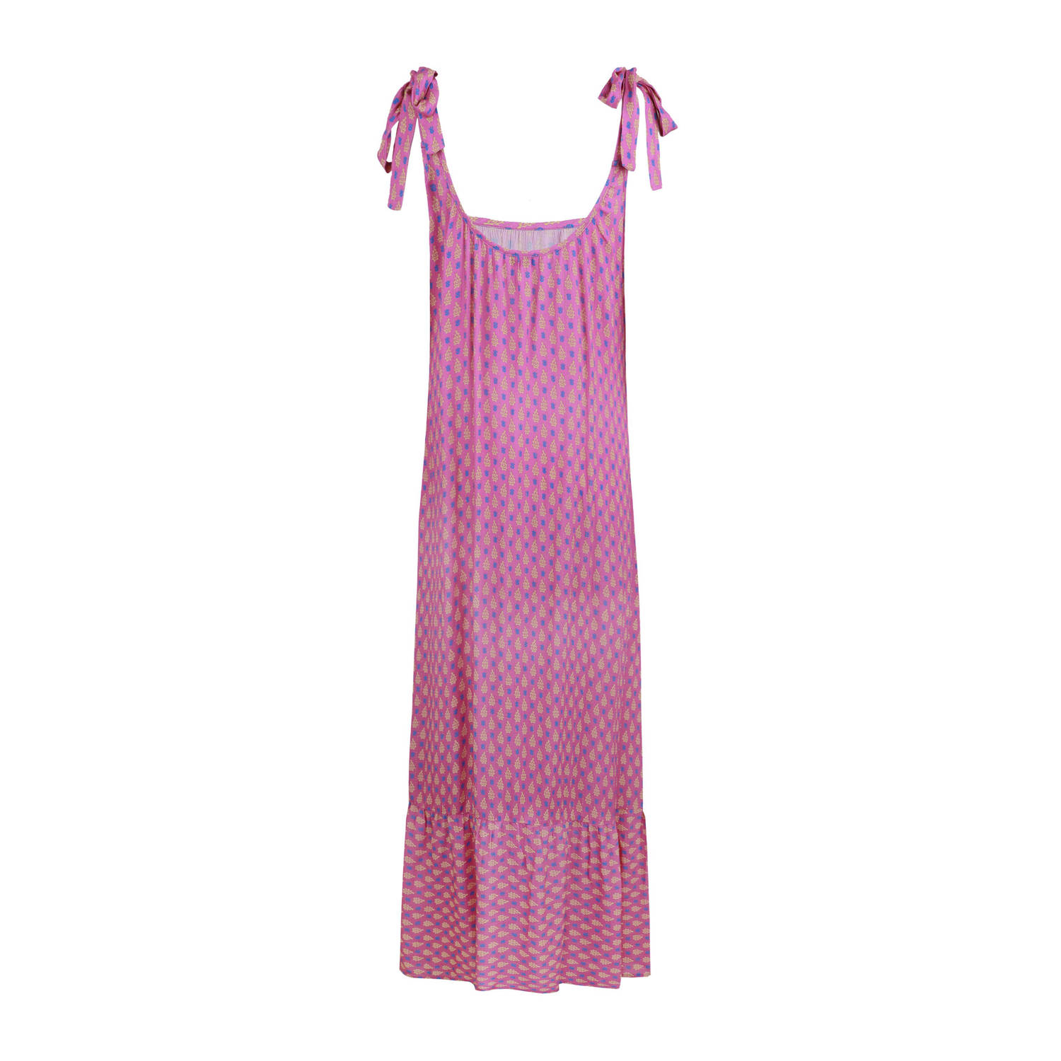 FLURESK maxi jurk Cenna met all over print en volant lila geel