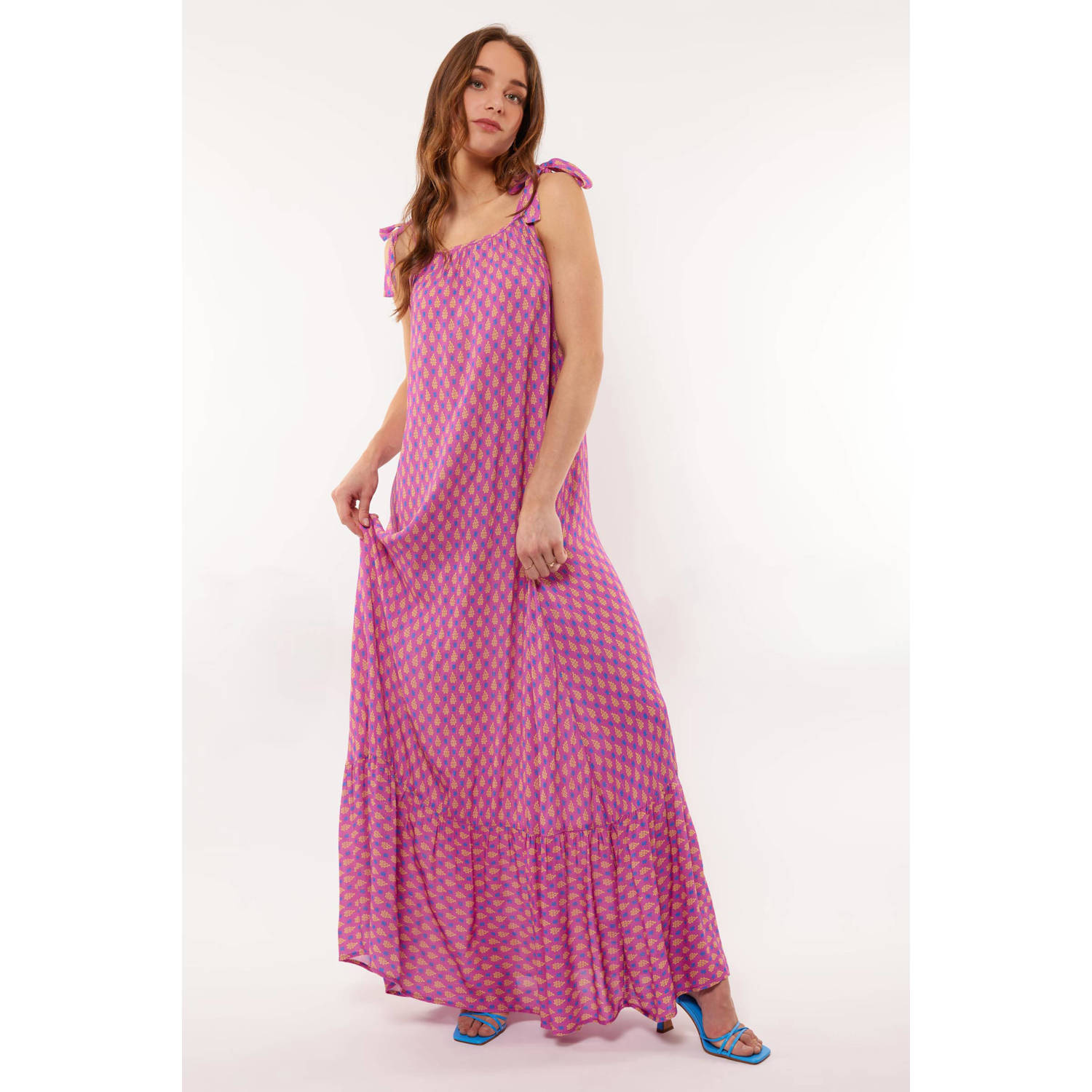 FLURESK maxi jurk Cenna met all over print en volant lila geel