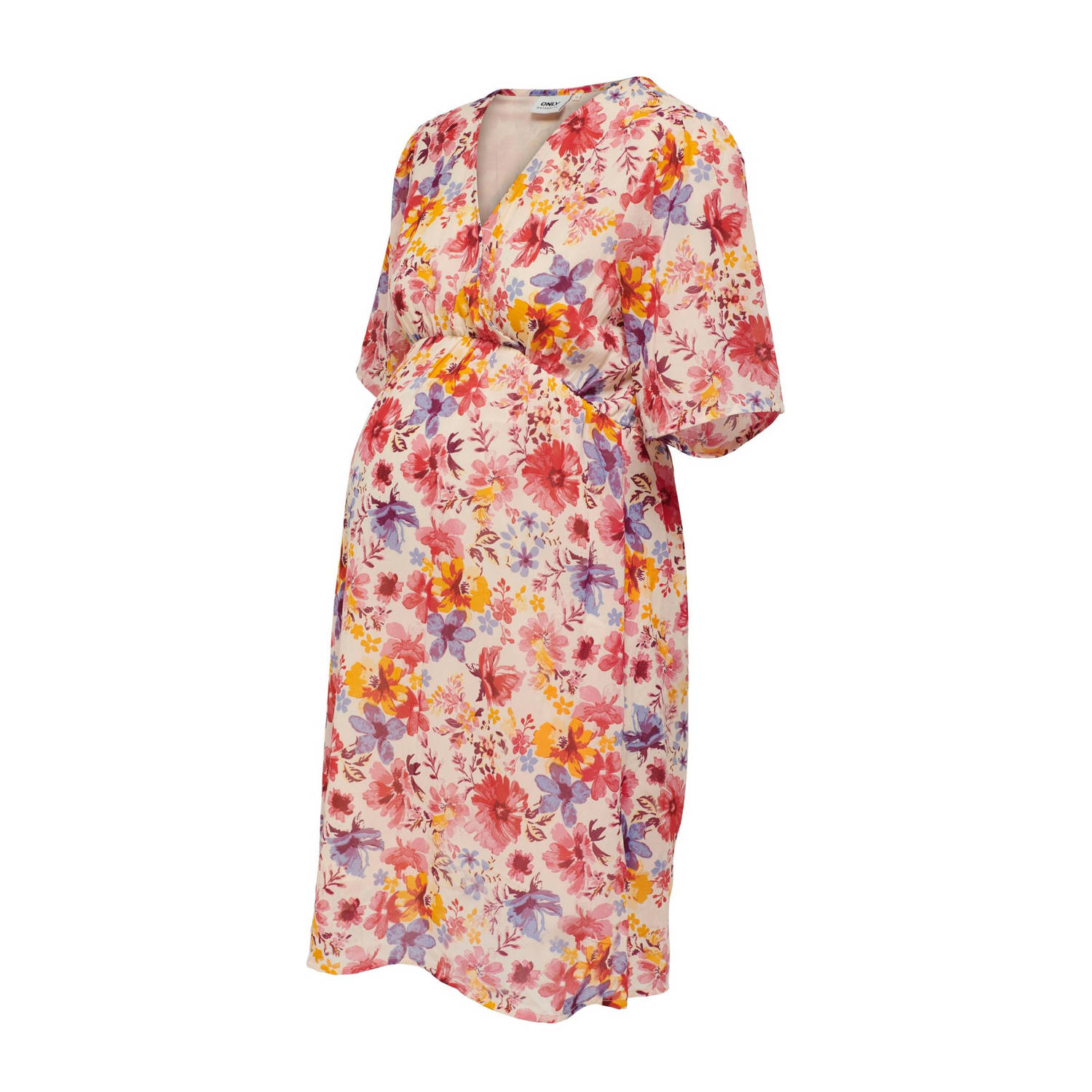 ONLY MATERNITY gebloemde jurk OLMSTAR roze paars oranje Dames Polyester V-hals XXXL