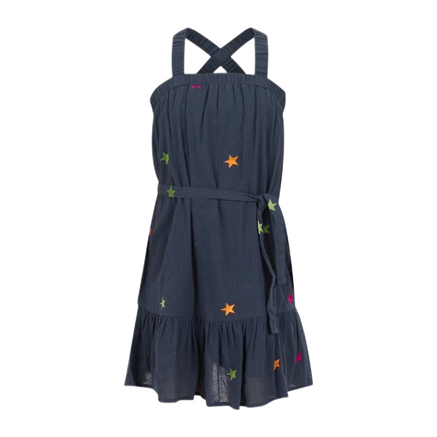 Shoeby jurk met sterren en borduursels donkergrijs Blauw Meisjes Katoen Vierkante hals 134 140