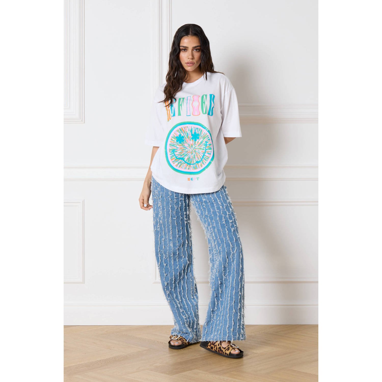 Refined Department T-shirt Maggy met printopdruk wit multi