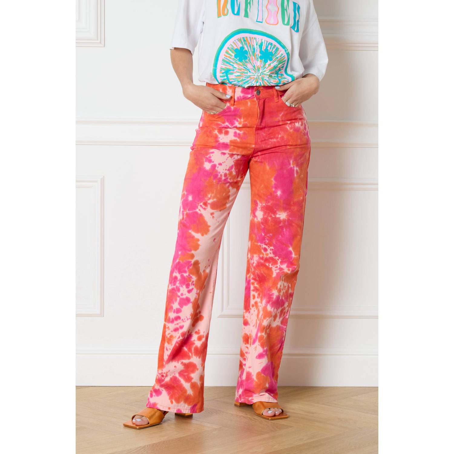 Refined Department tie-dye high waist straight jeans Hannah fuchsia oranje lichtroze