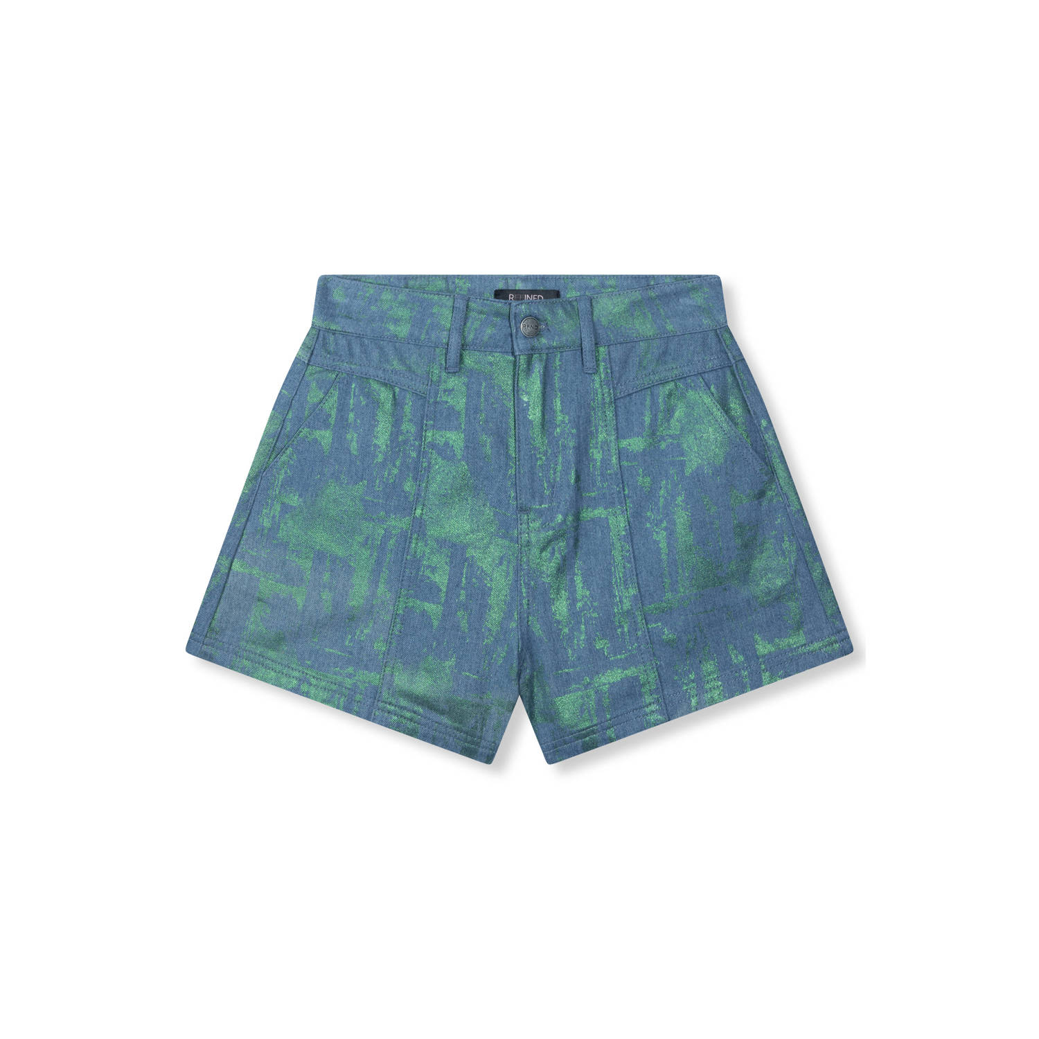 Refined Department metallic high waist straight fit denim short Fenna met all over print blauw groen