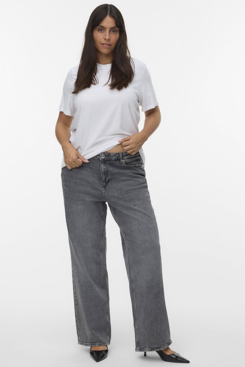 Grijze dames VERO MODA CURVE high waist wide leg jeans van katoen met rits- en knoopsluiting en effen