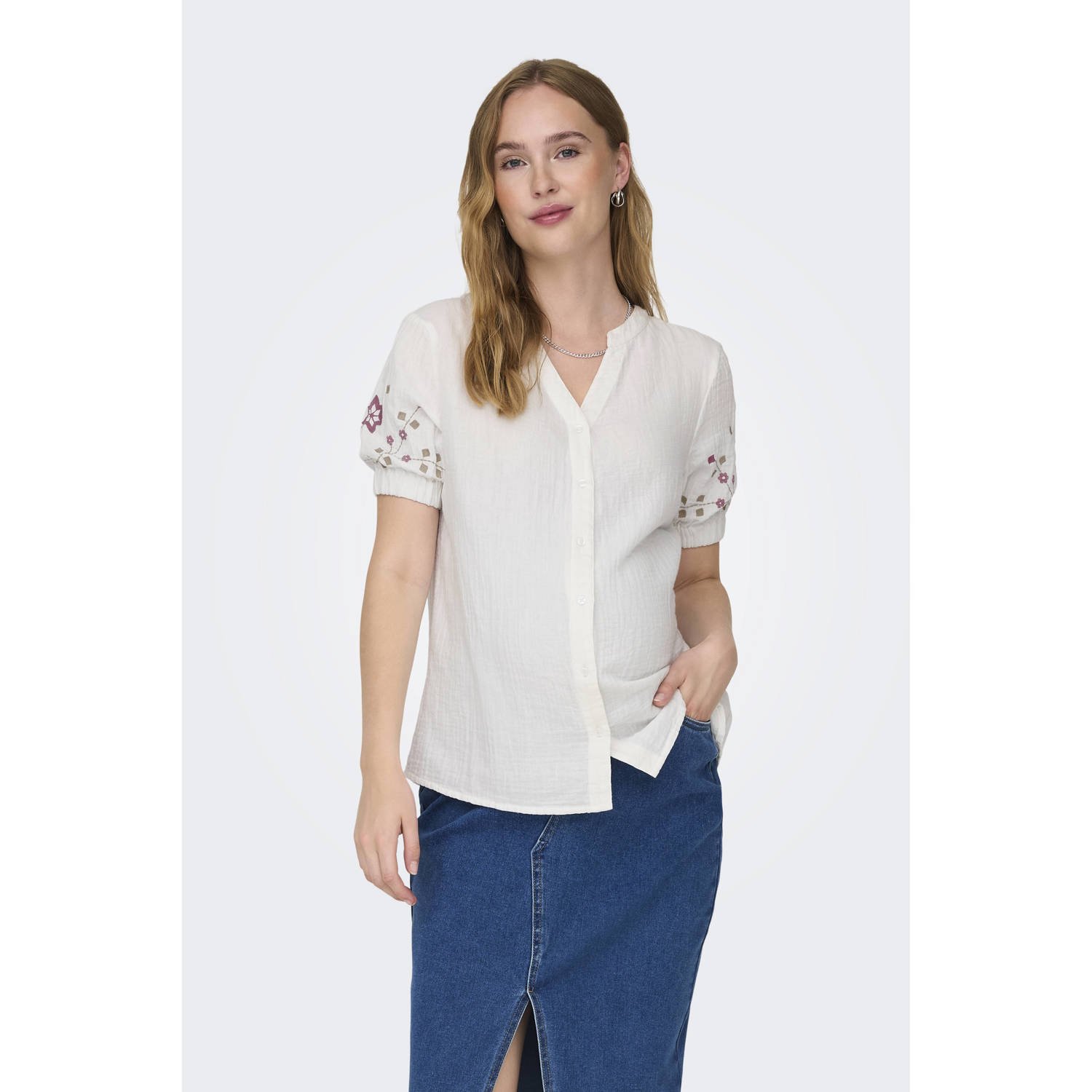 ONLY MATERNITY gebloemde zwangerschapsblouse OLMTHYRA LIFE wit paars Dames Katoen V-hals XXL