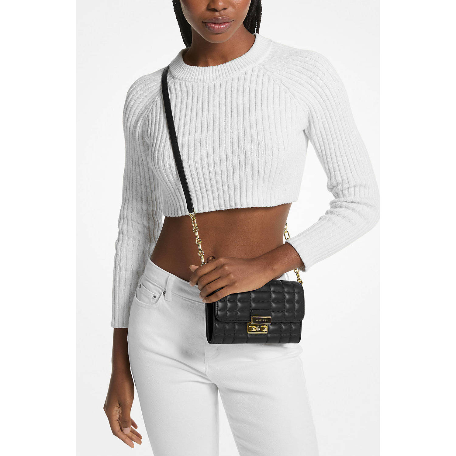 Michael Kors Zwarte Leren Schoudertas Flap Sluiting Black Dames