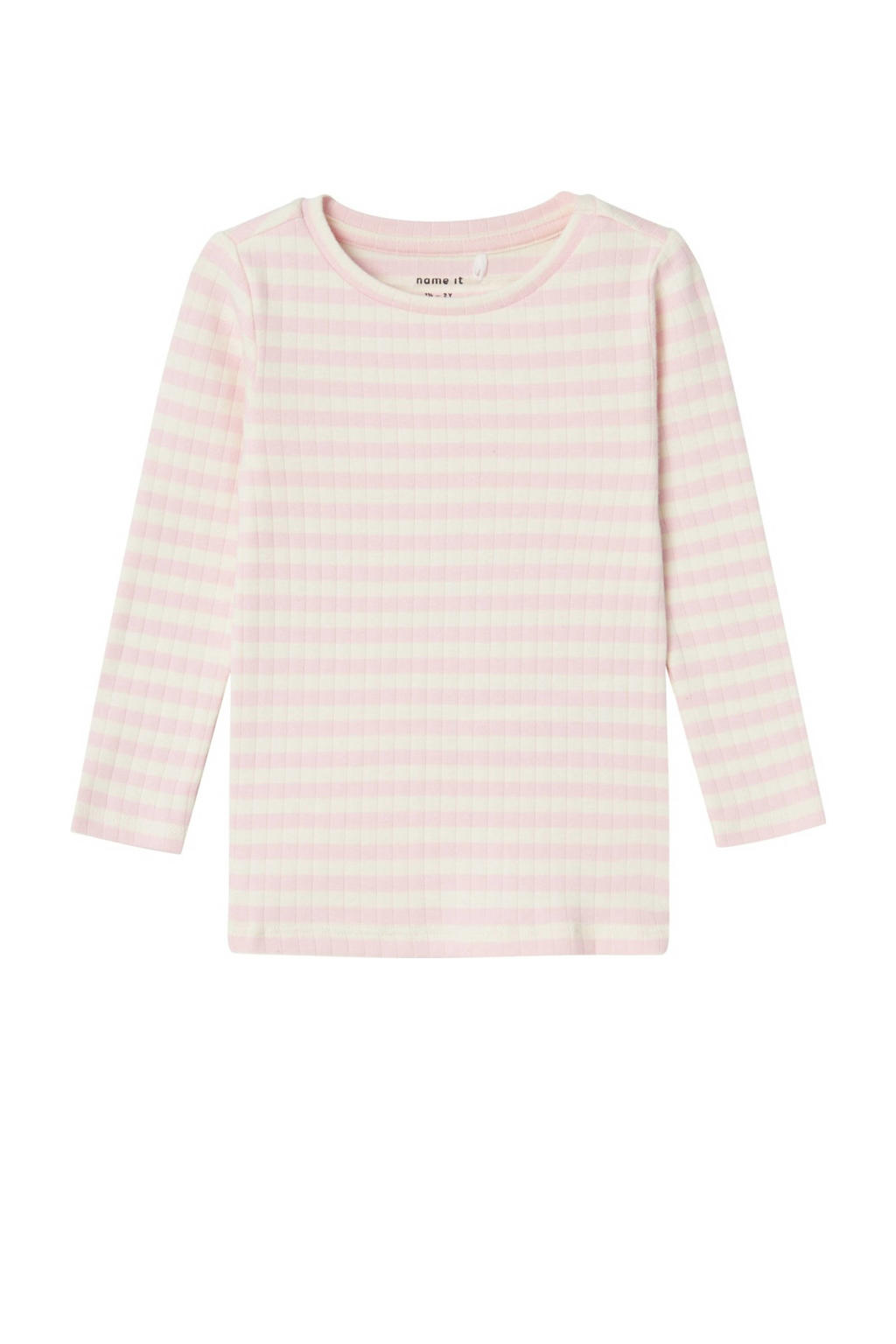 Lichtroze en witte meisjes NAME IT MINI gestreepte longsleeve van stretchkatoen met effen, lange mouwen, ronde hals en gebreide details