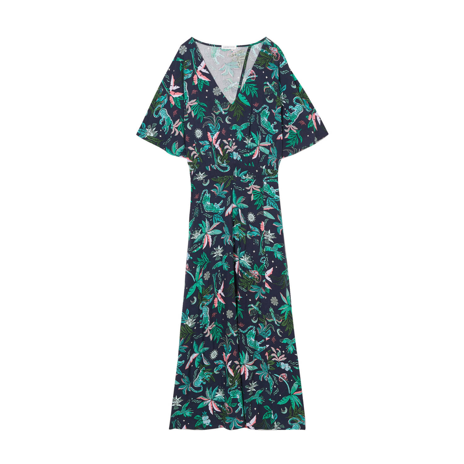 Cache jurk met bladprint marine groen
