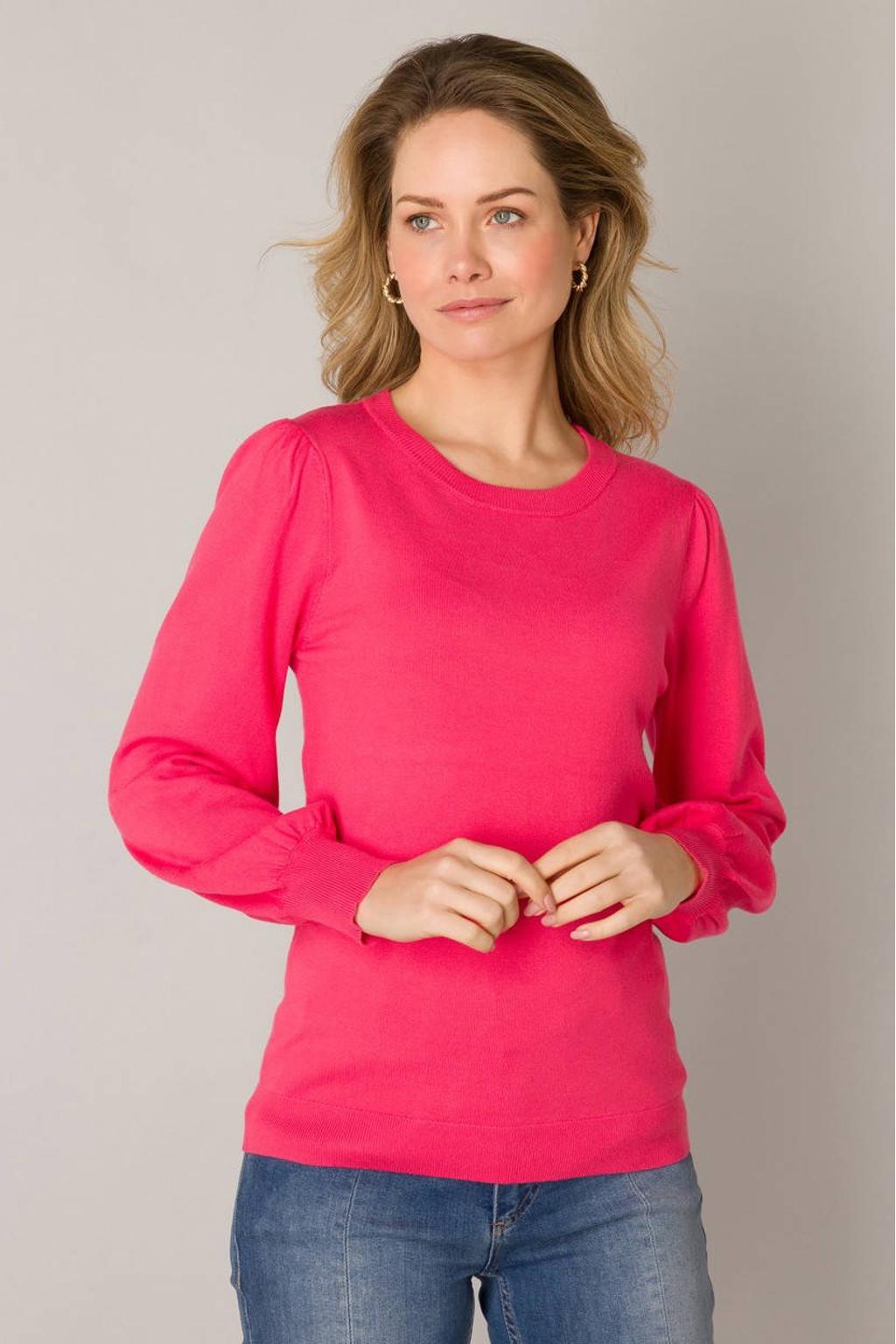 Koraalrode dames ES&SY fijngebreide trui van viscose met effen, lange mouwen en ronde hals