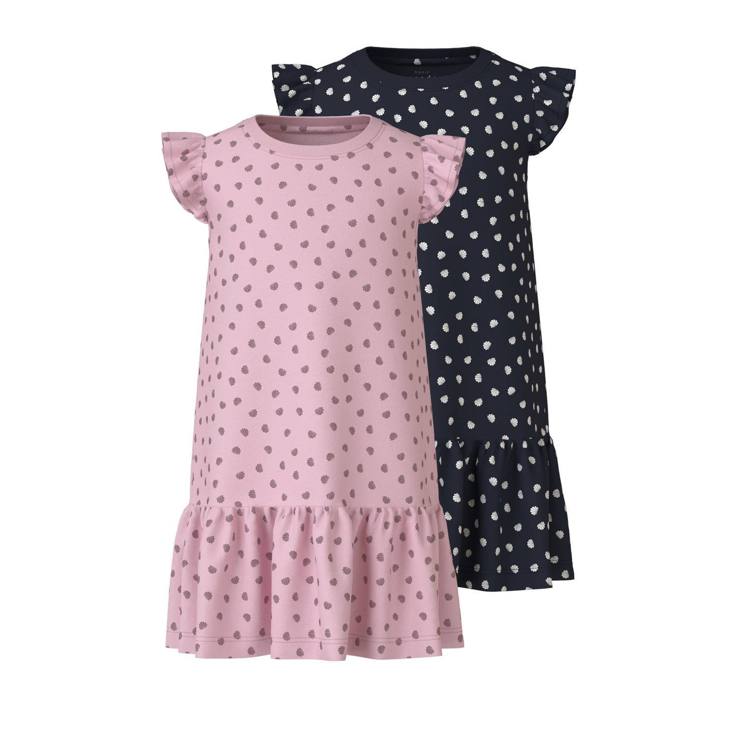 Name it MINI jurk NMFVIDA set van 2 met all over print roze donkerblauw Meisjes Katoen Ronde hals 104