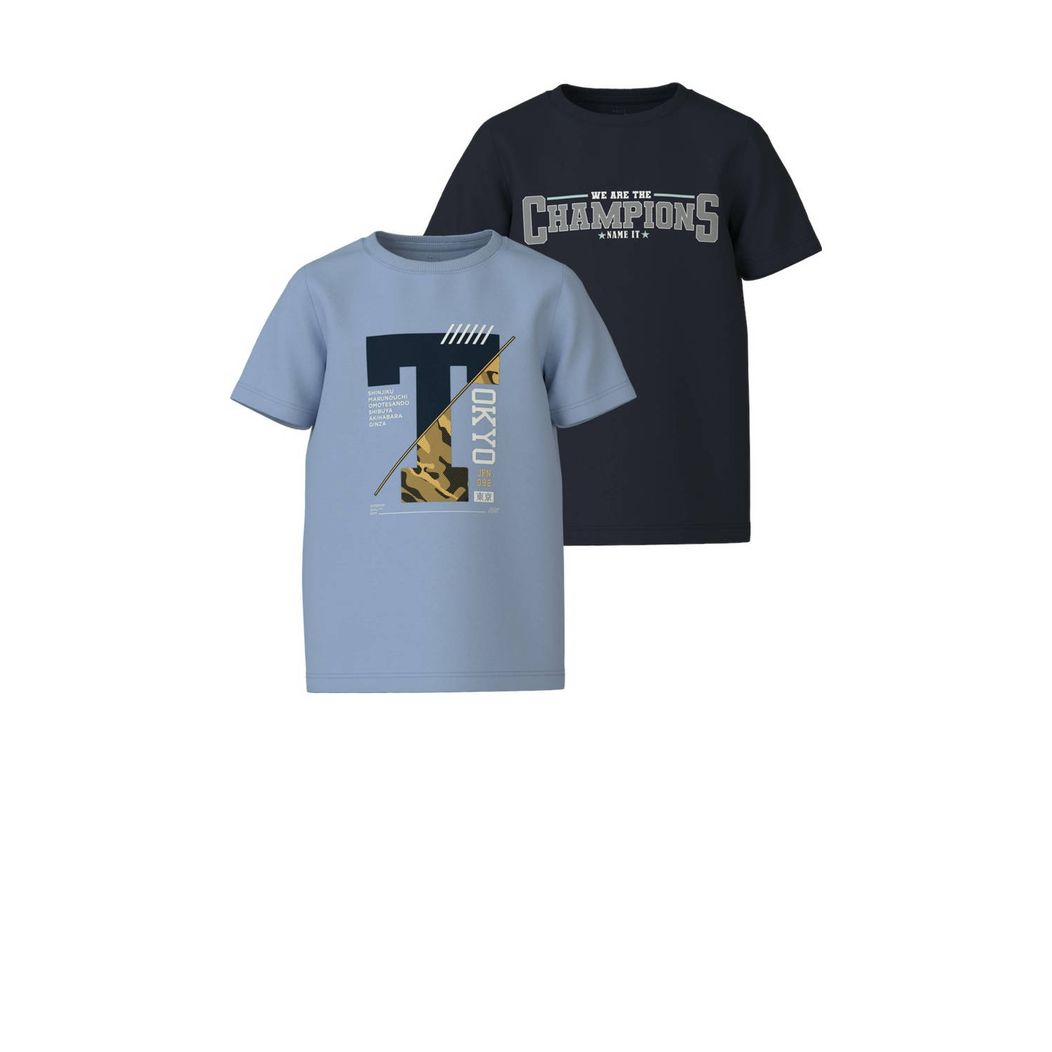Name it KIDS T-shirt NKMVILOGO set van 2 met printopdruk lichtblauw donkerblauw Jongens Katoen Ronde hals 122 128