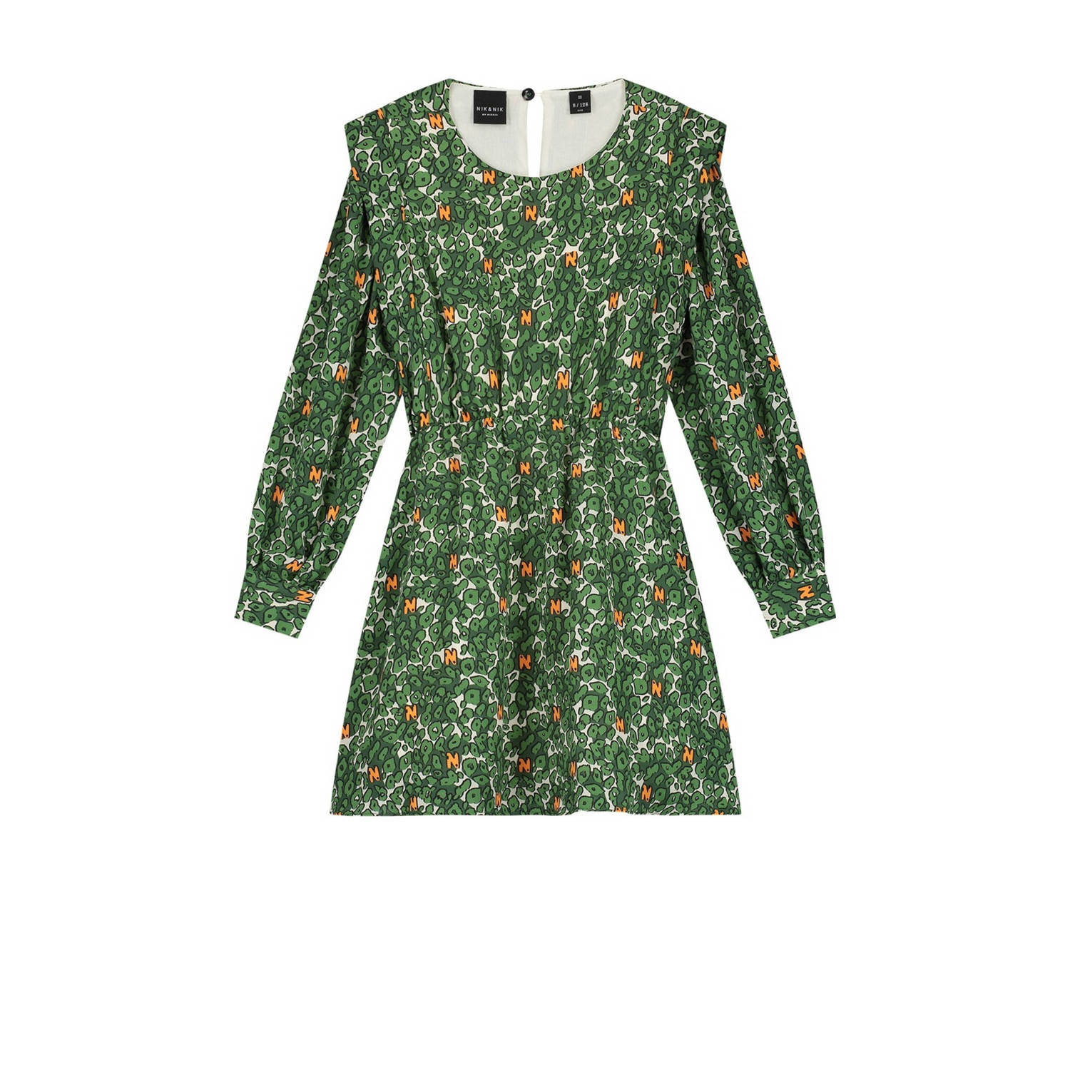 NIK&NIK jurk Winona met all over print groen oranje Meisjes Polyester Ronde hals 140