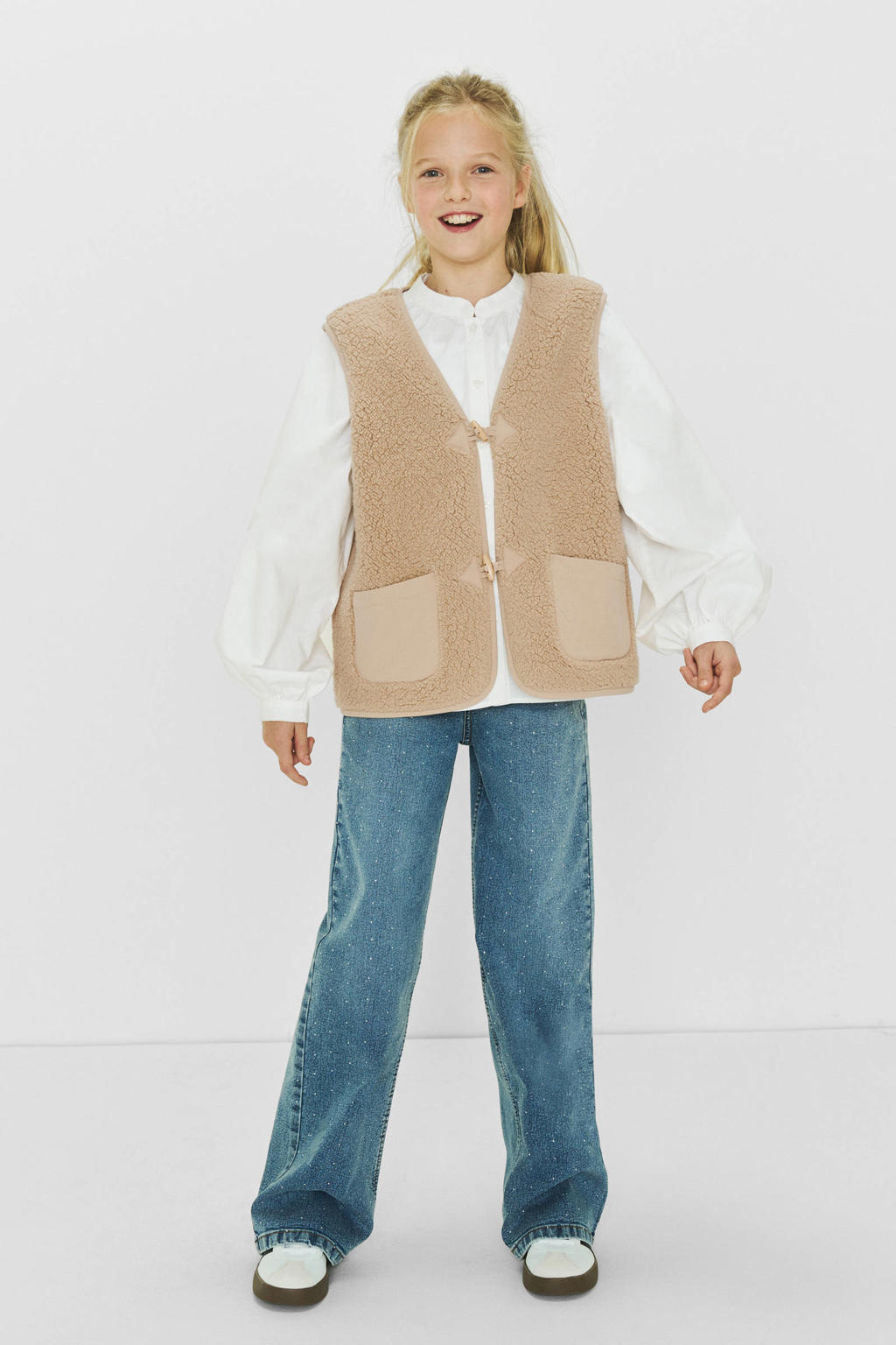 Beige meisjes Me & My Monkey teddy gilet Roa van polyester met V-hals en knoopsluiting