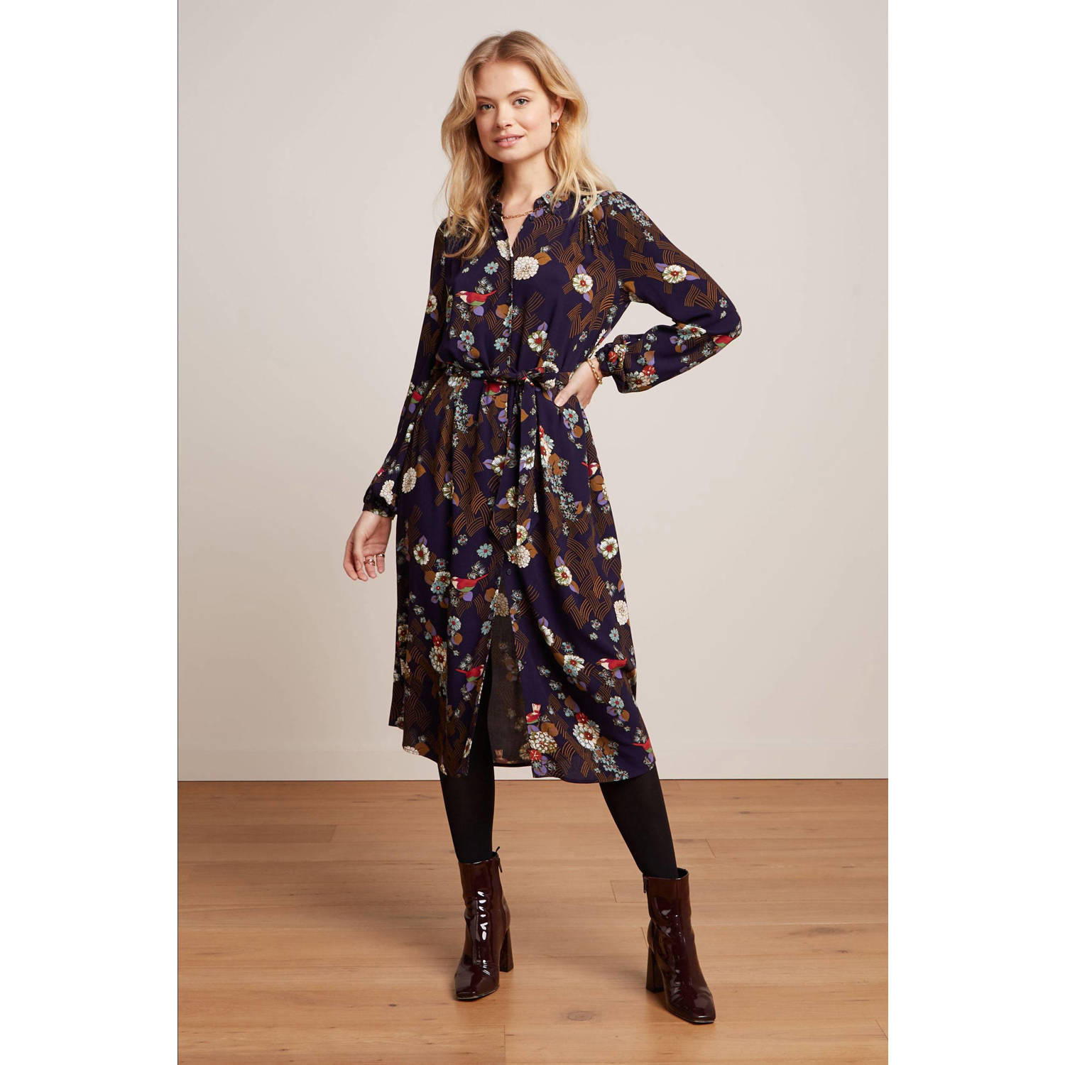 King Louie gebloemde blousejurk Carina Dress Rising donkerblauw