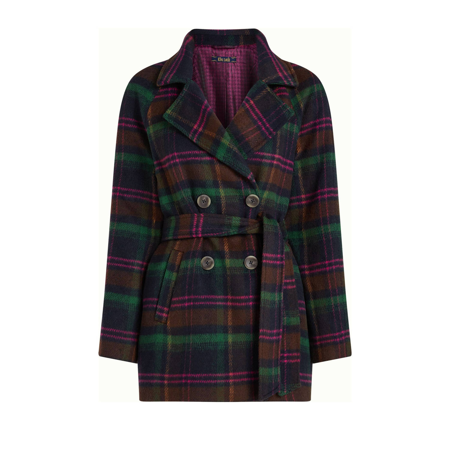 King Louie geruite jas Maura Coat Brit Check met wol groen roze