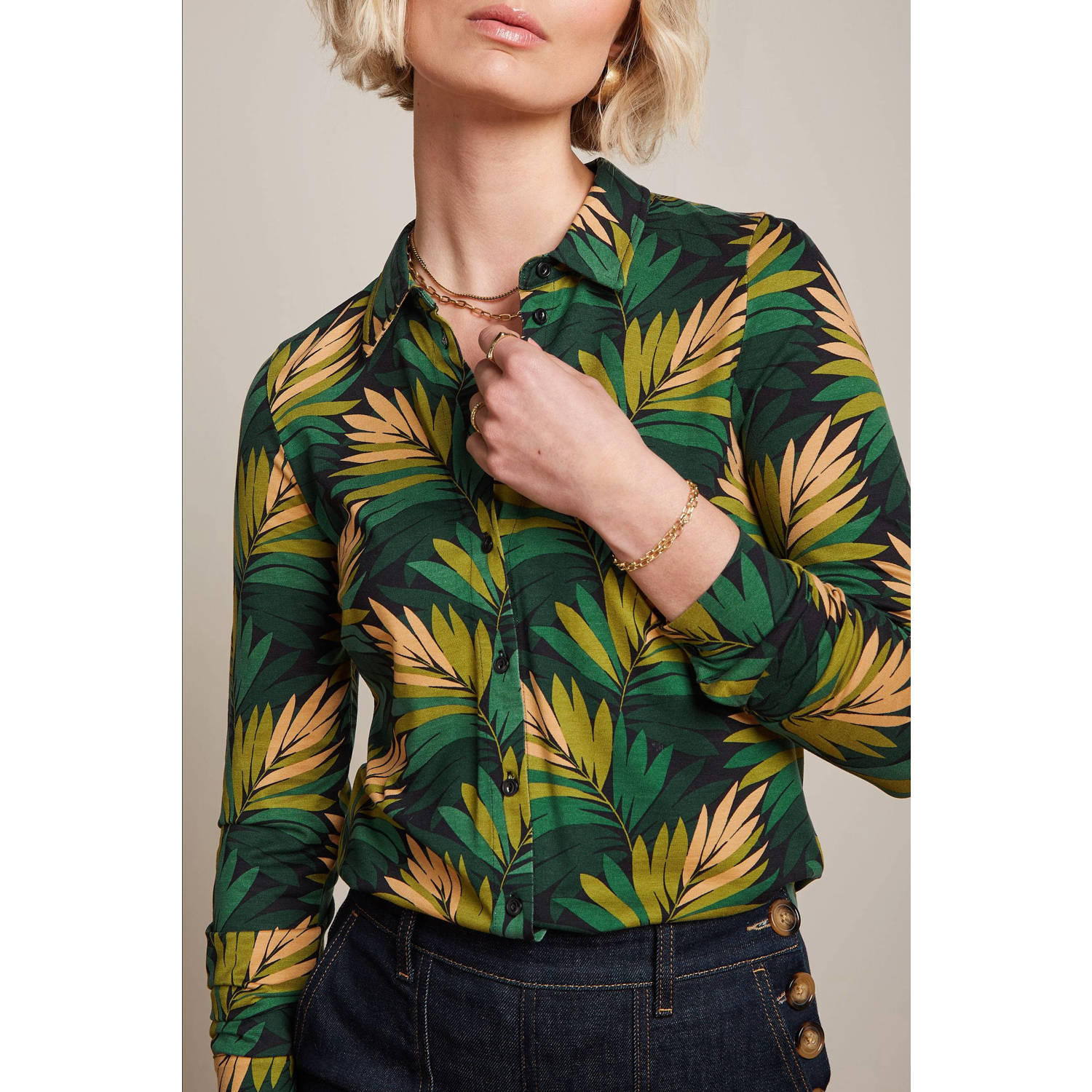 King Louie blouse Ornette met bladprint groen geel