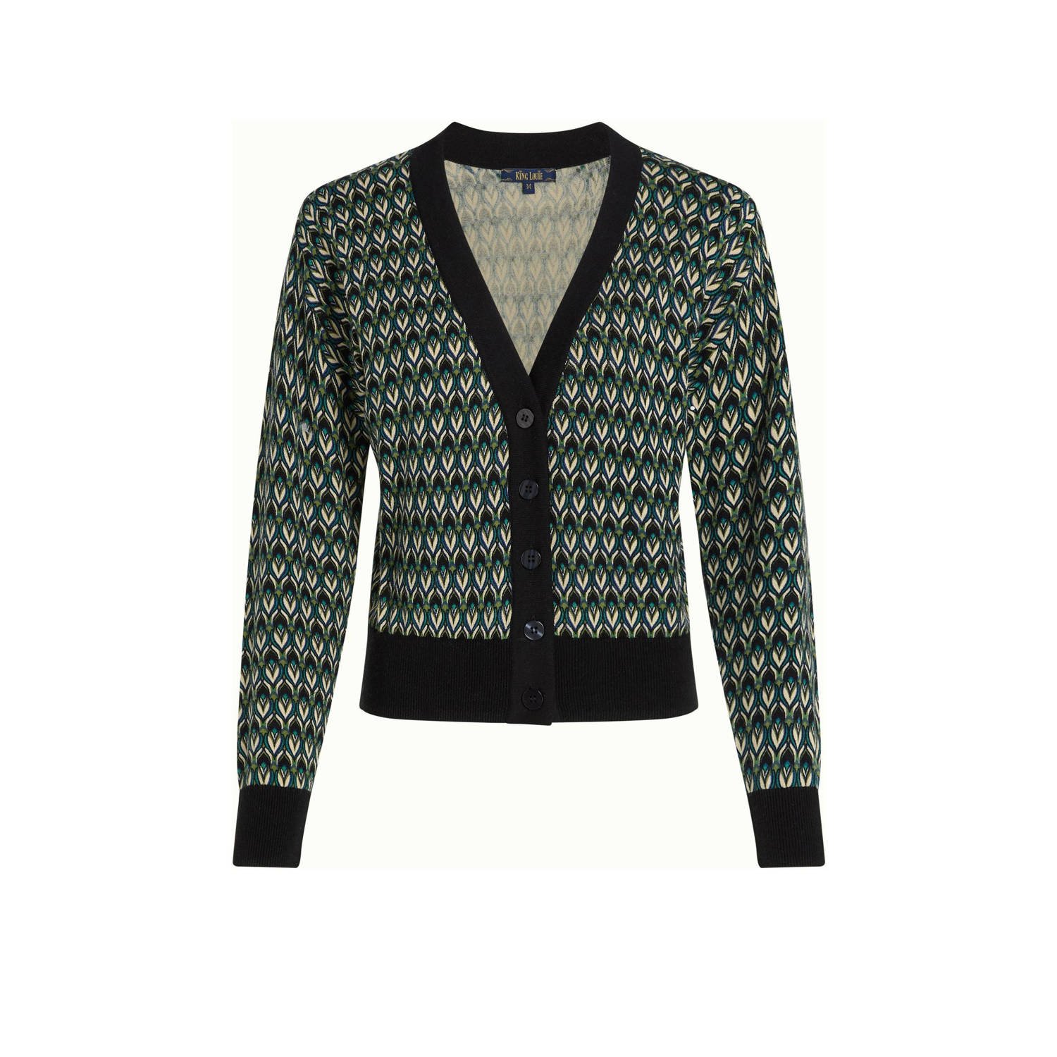 King Louie ribgebreid vest Cardi Deep V Dandy met grafische print groen zwart