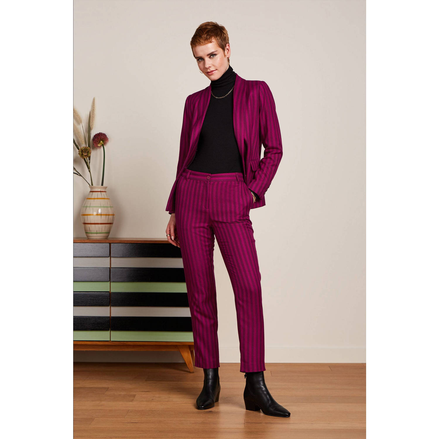 King Louie gestreepte getailleerde blazer Brooke fuchsia