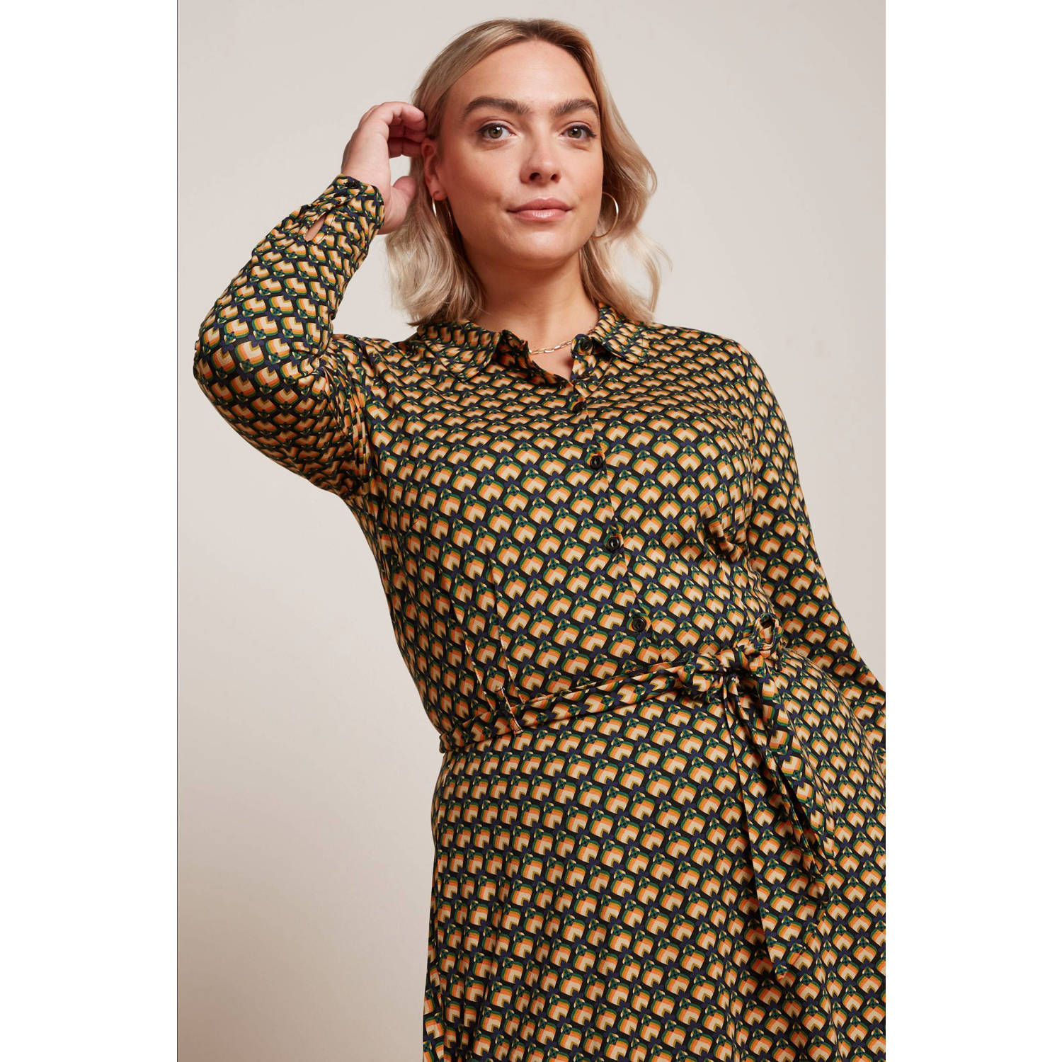 King Louie jurk Sheeva Dress Valet met grafische print en ceintuur donkerblauw geel oranje