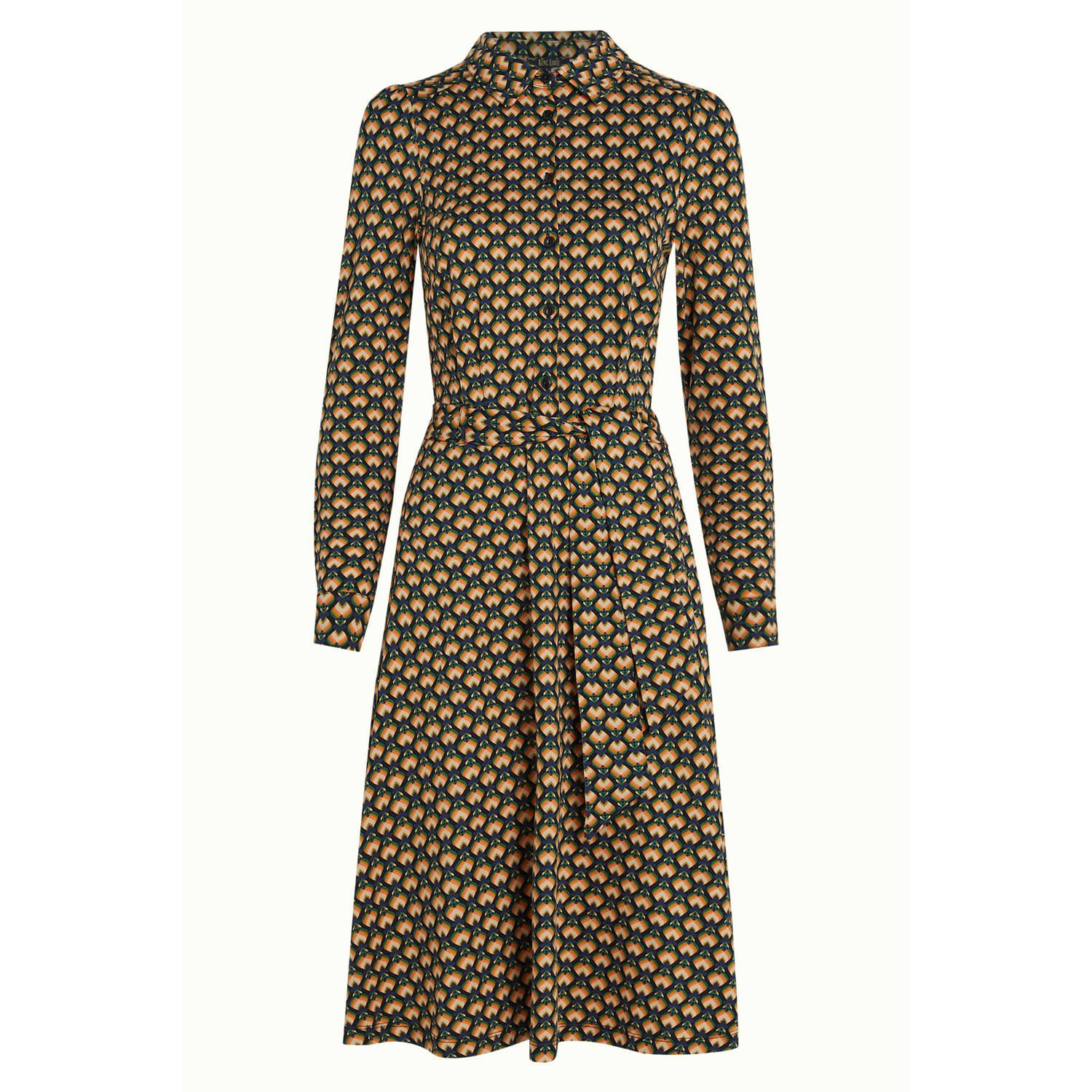 King Louie jurk Sheeva Dress Valet met grafische print en ceintuur donkerblauw geel oranje