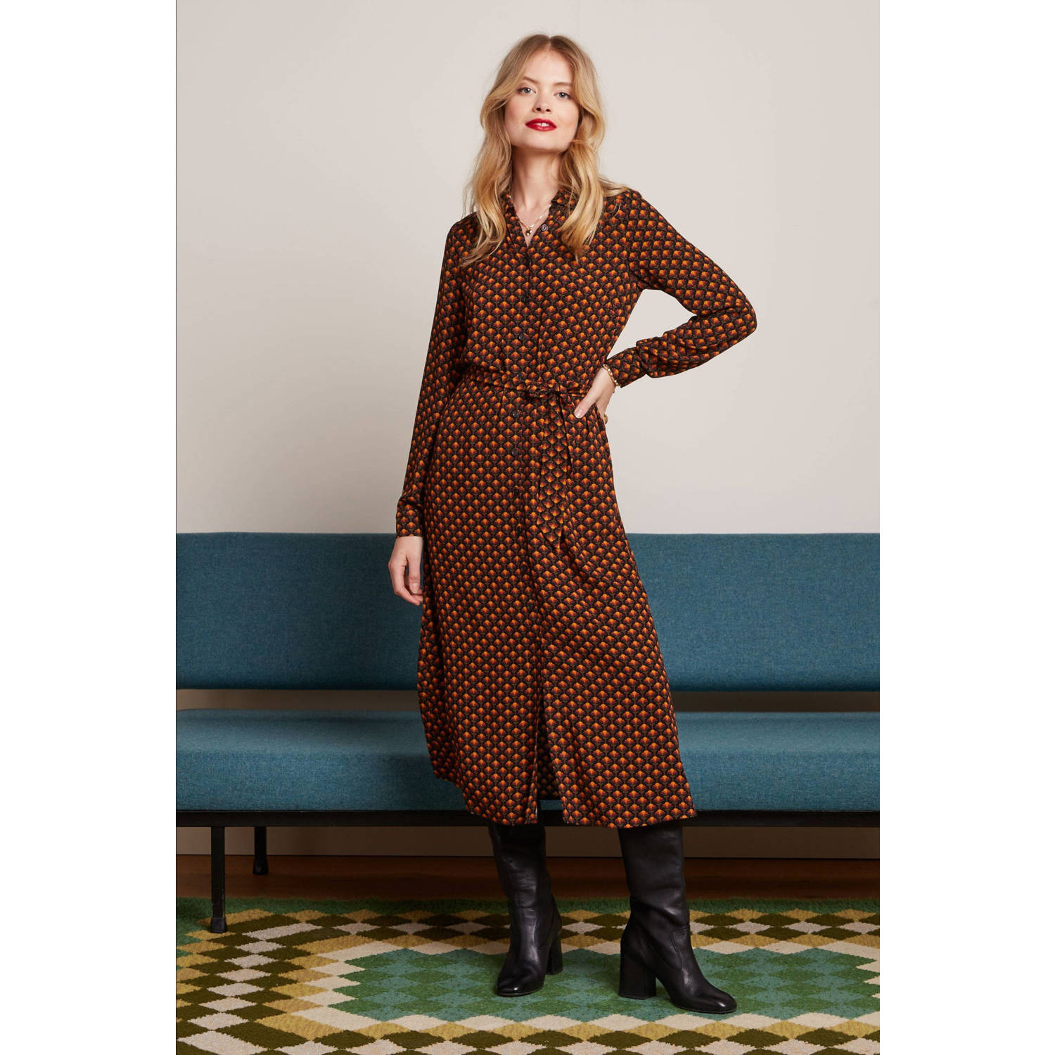 King Louie maxi blousejurk Olive Dress Mayfield met grafische print en ceintuur donkerrood
