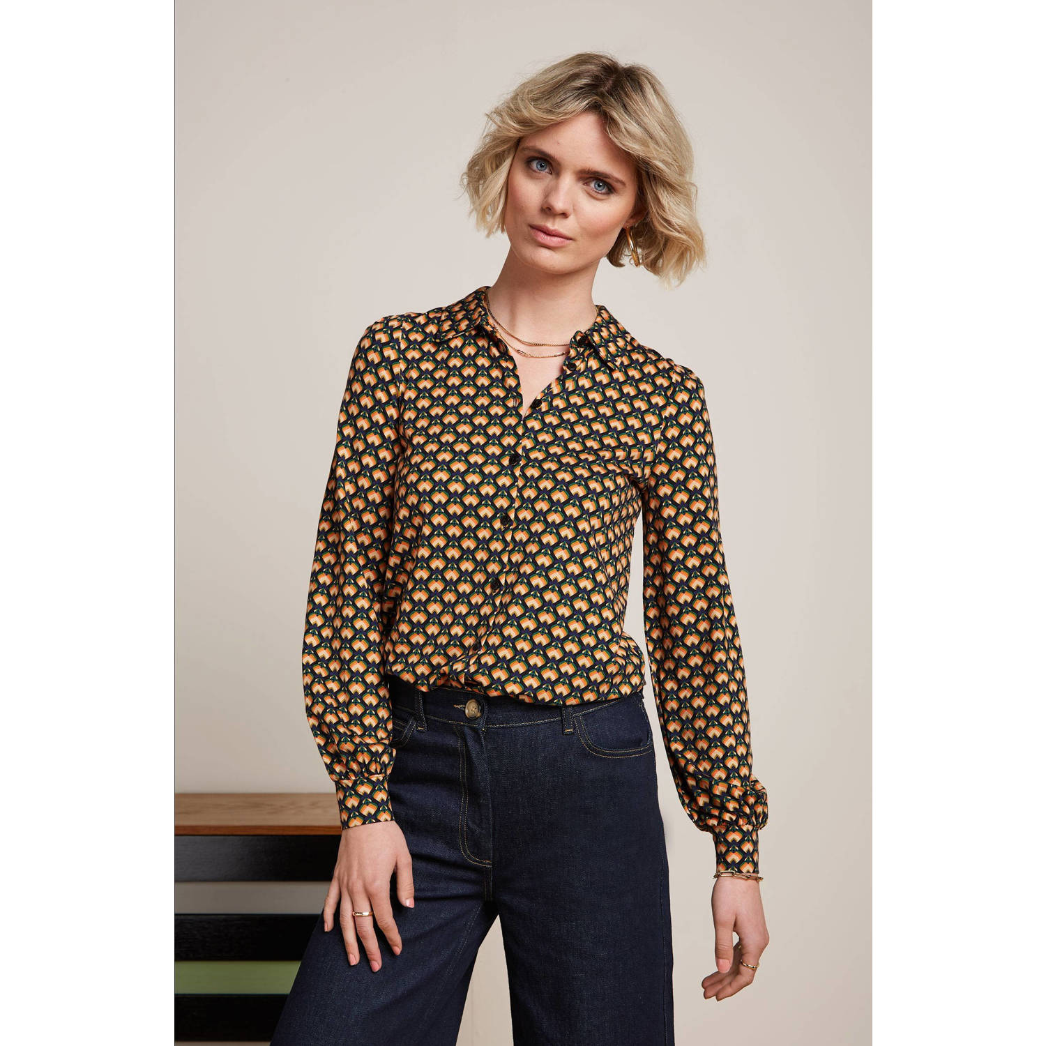 King Louie blouse Maisie Blouse Valet met grafische print geel donkerblauw