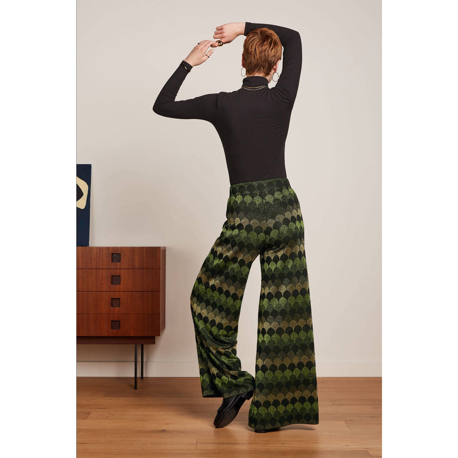 King Louie high waist wide leg broek Border met grafische print en glitters groen