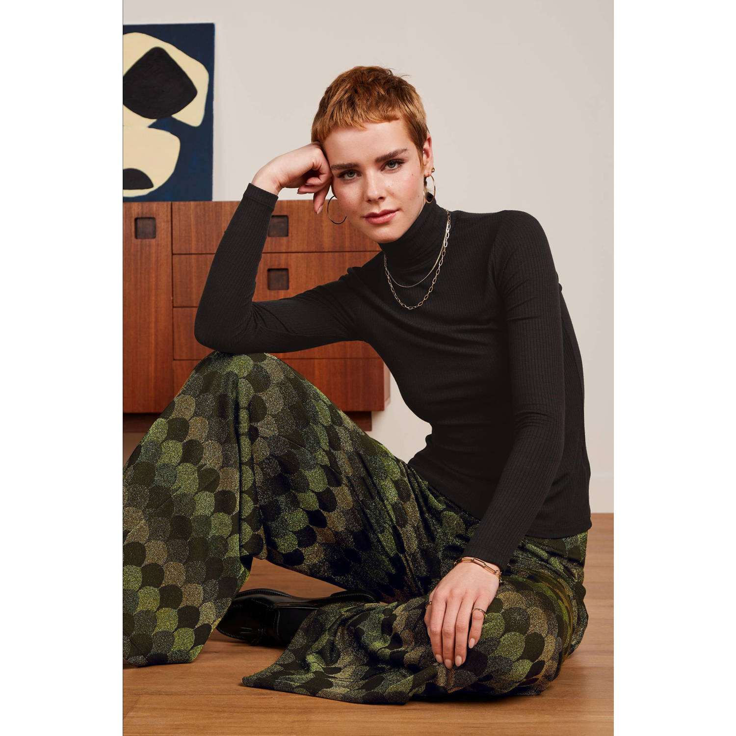 King Louie high waist wide leg broek Border met grafische print en glitters groen