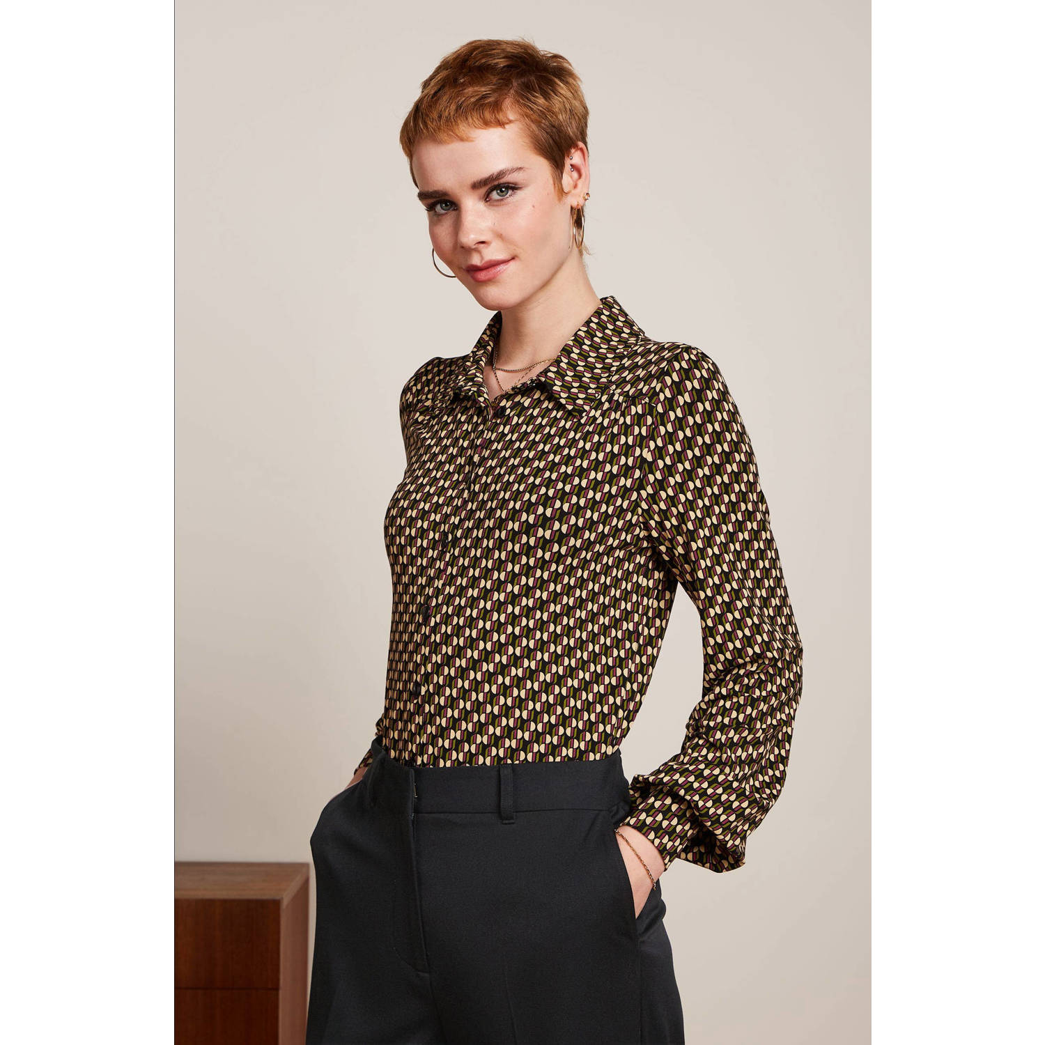 King Louie blouse Carina met grafische print en plooien groen zwart