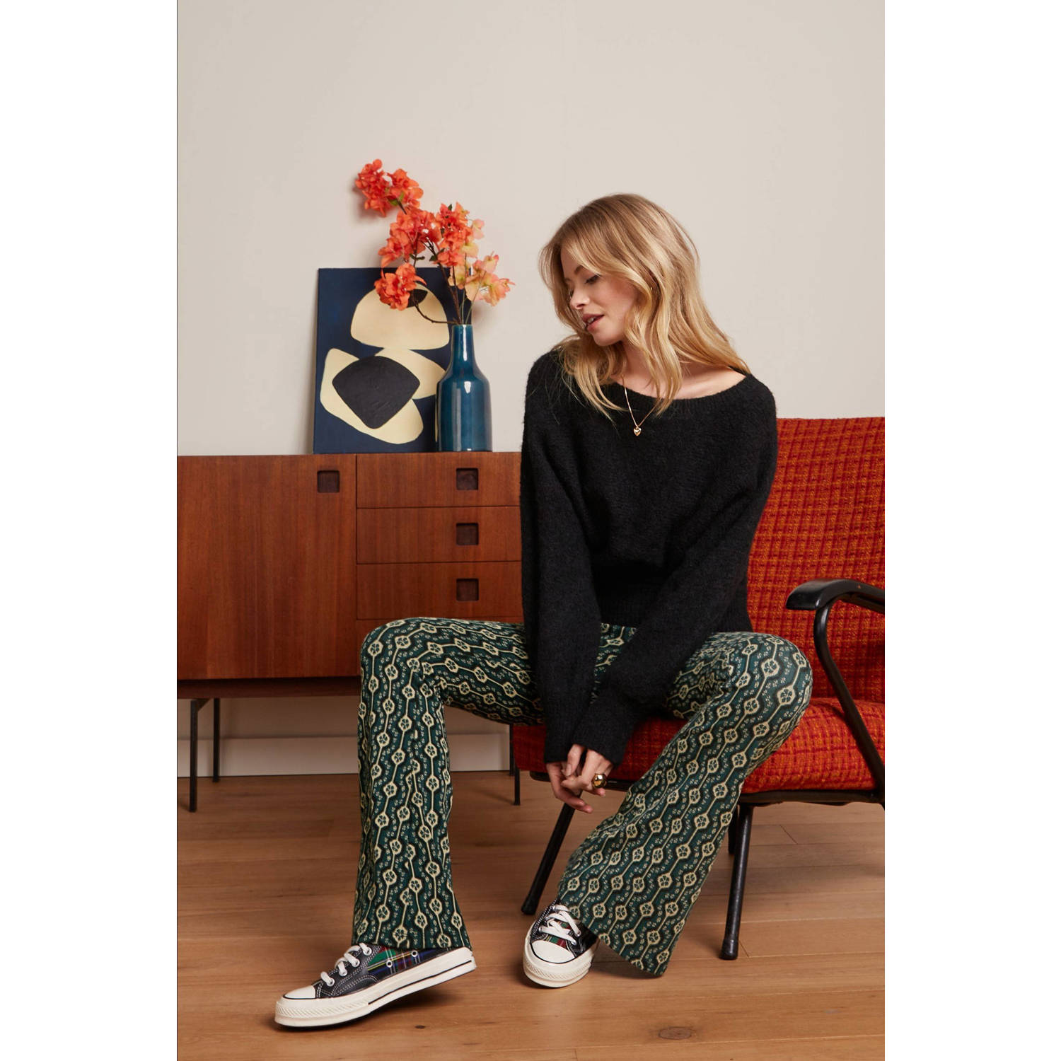 King Louie flared broek Flared Pants Carnaby met grafische print groen geel