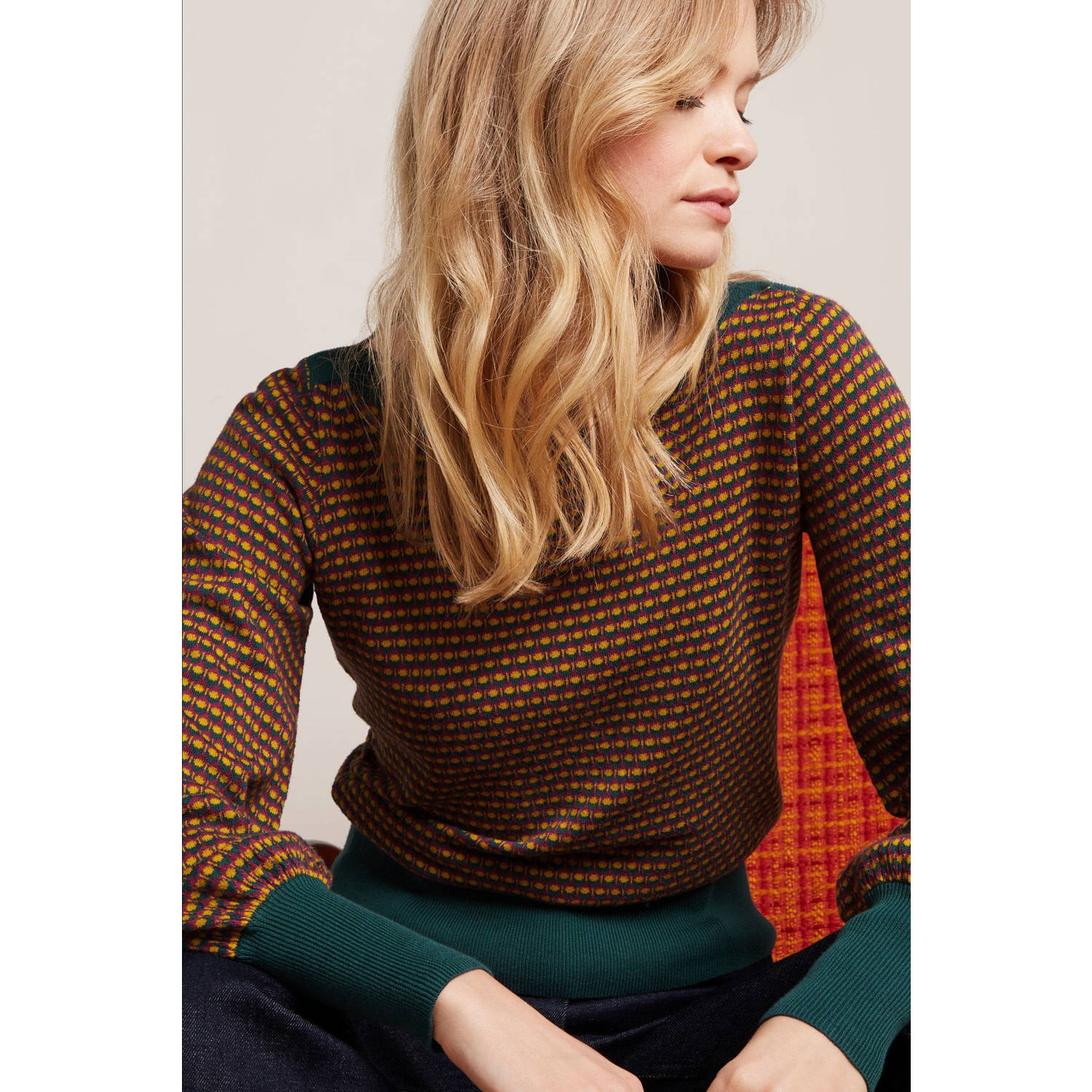King Louie gestreepte gebreide top Audrey Bell Sleeve Top Graham met contrastbies groen geel