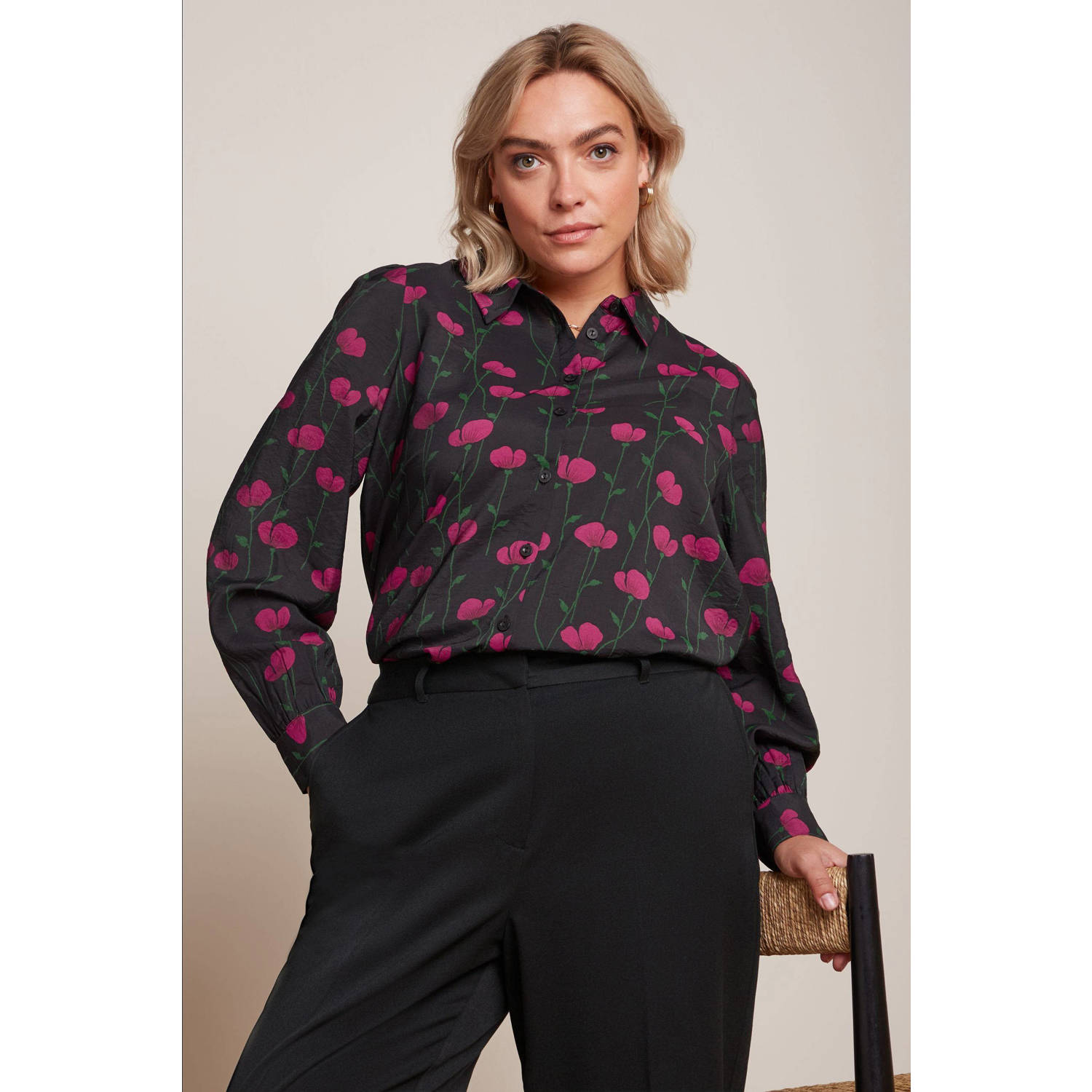 King Louie gebloemde geweven blouse Maisie zwart groen roze