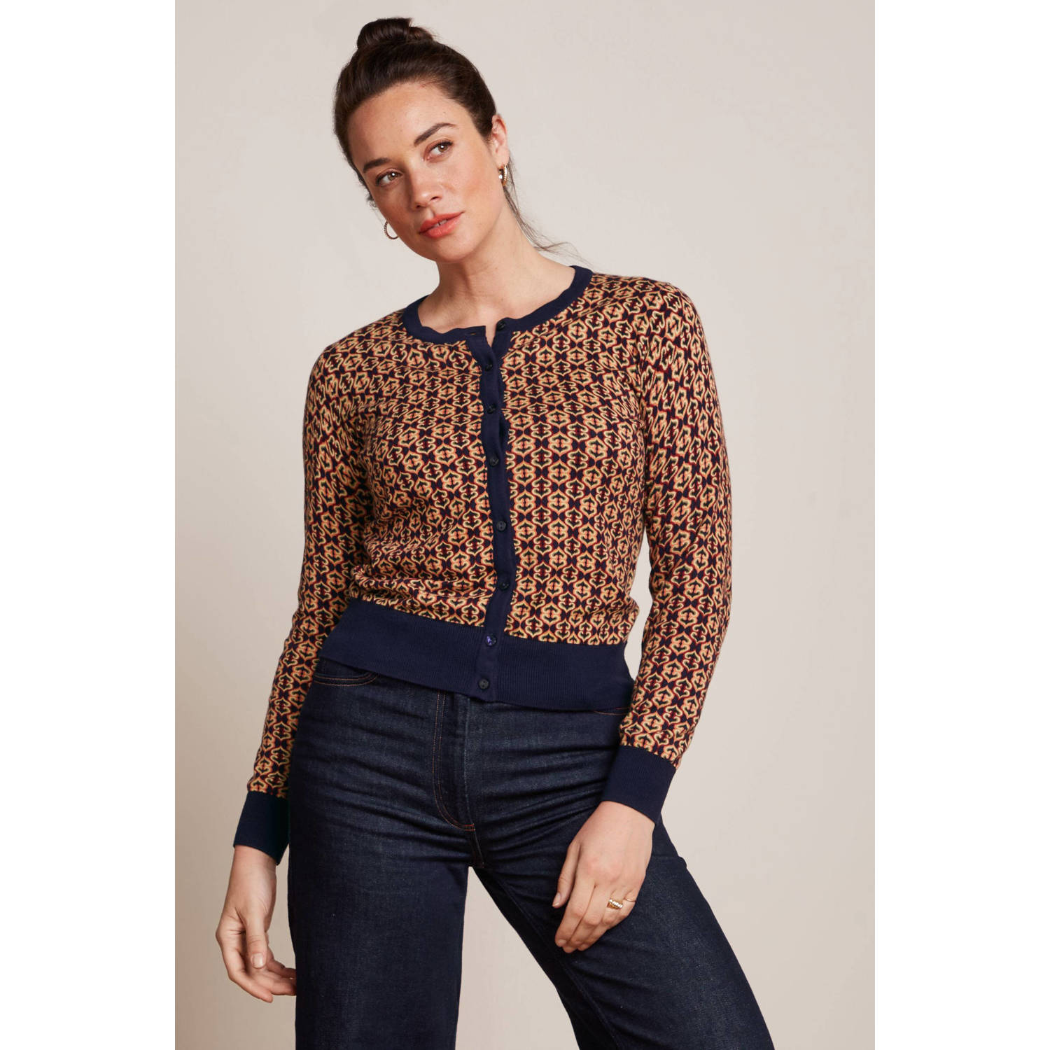 King Louie gebreid vest Cardi Roundneck Ripley met grafische print donkerblauw oranje