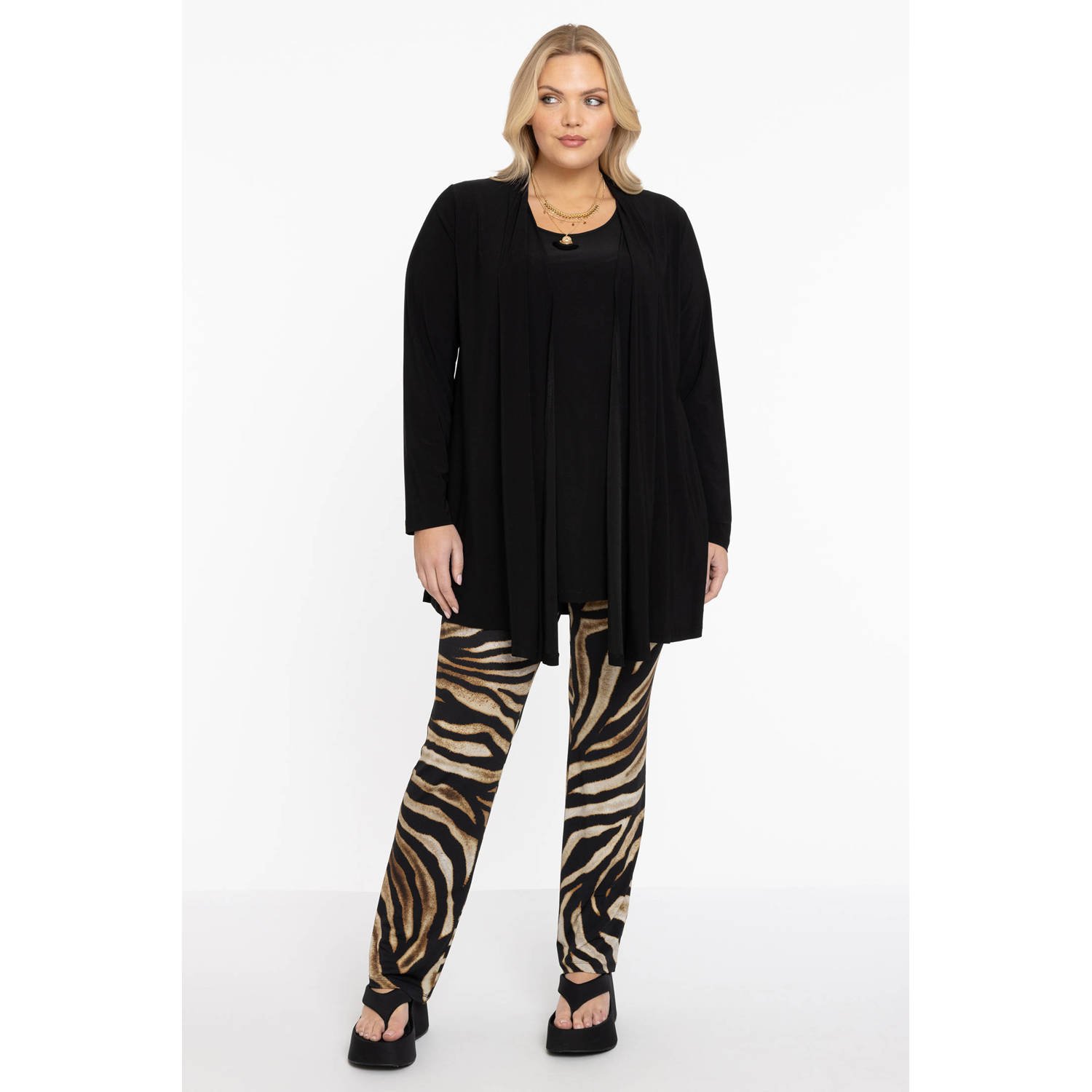 YOEK straight fit broek met dierenprint donkerbruin zwart crème