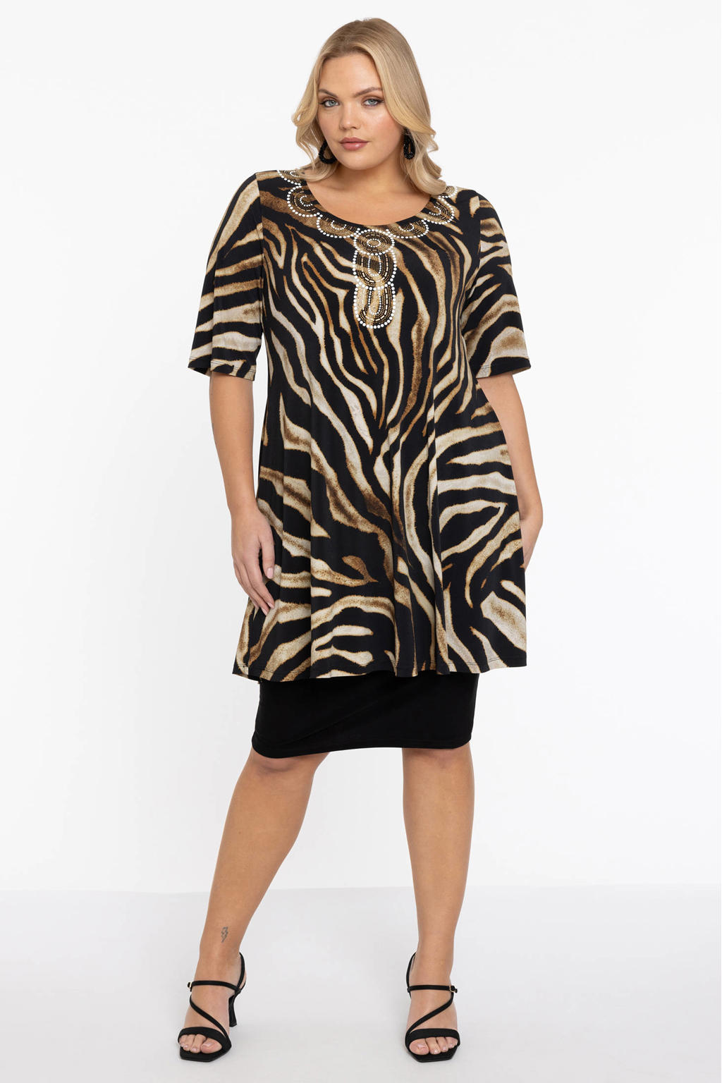 YOEK tuniek met dierenprint en strass steentjes donkerbruin/zwart/crème