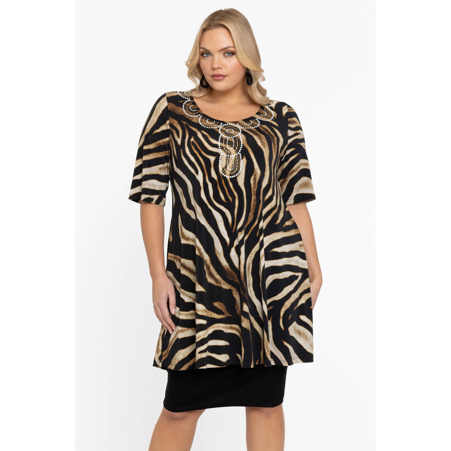 YOEK tuniek met dierenprint en strass steentjes donkerbruin zwart crème