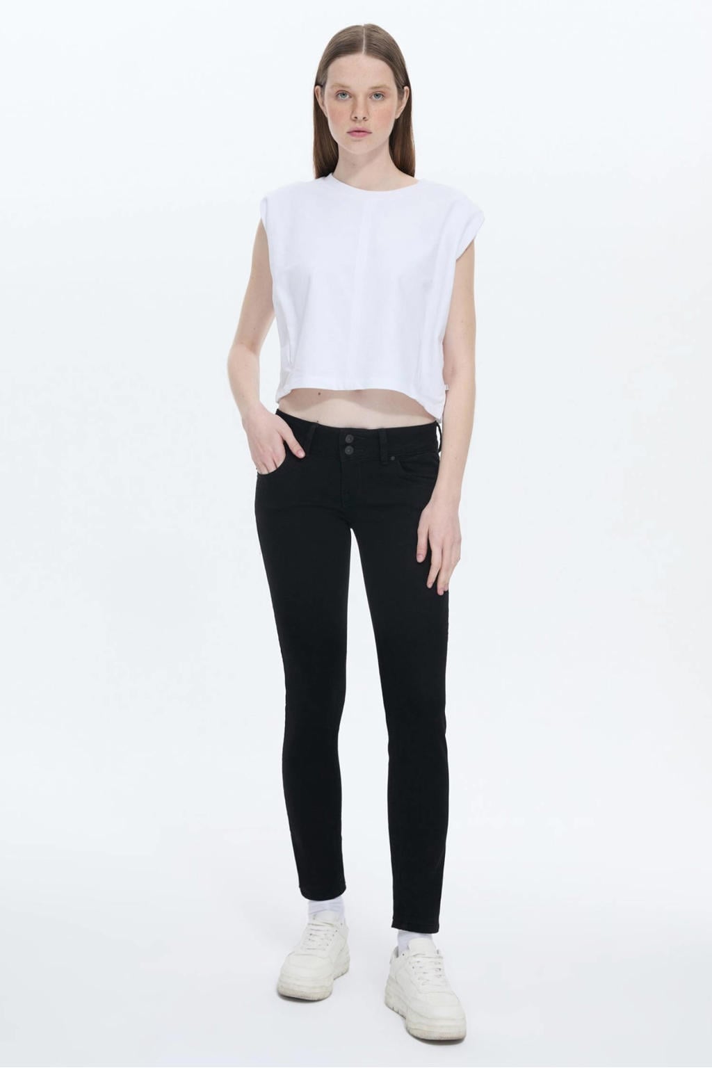 Zwarte dames LTB skinny jeans van denim met regular waist, rits- en knoopsluiting en effen