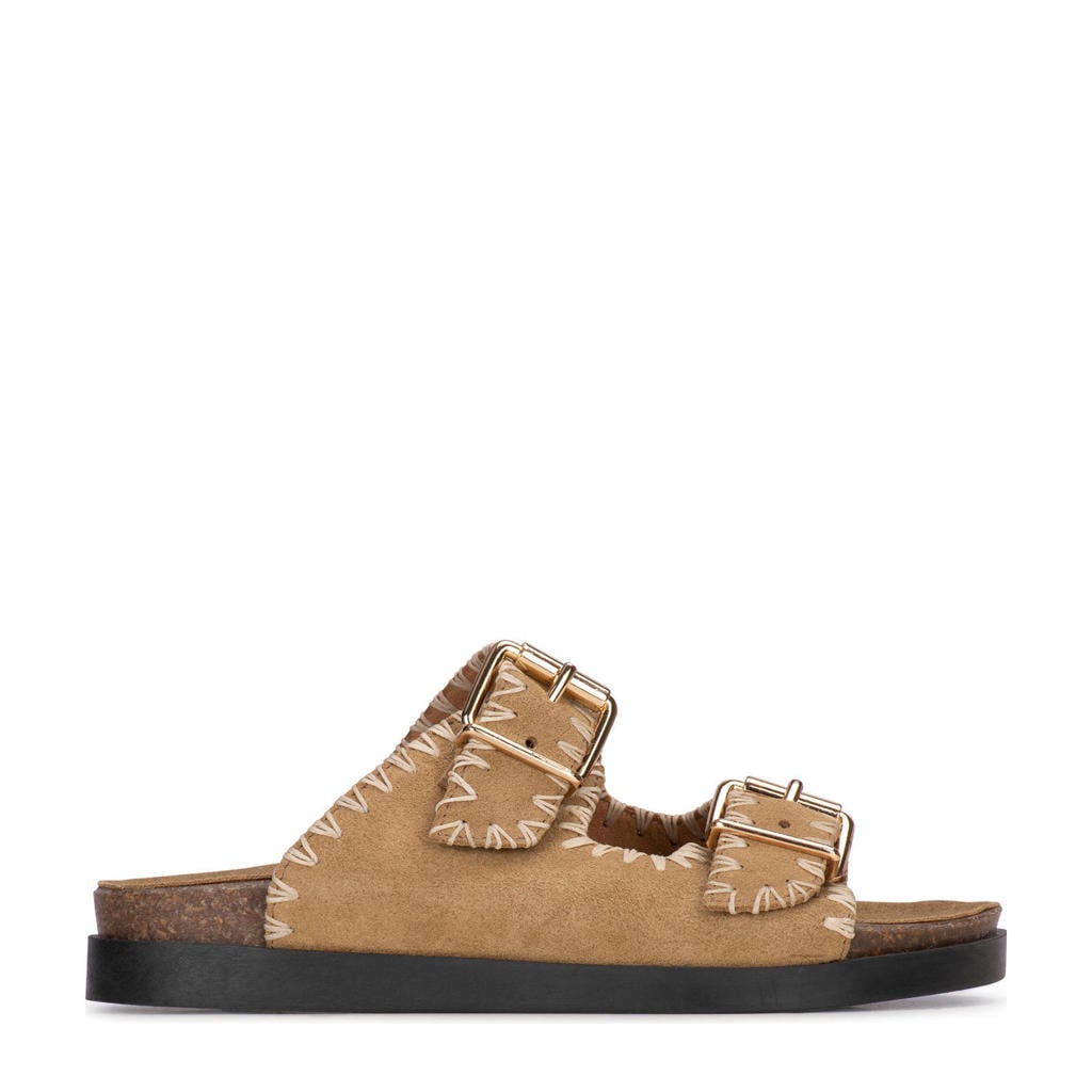 Lichtbruine dames Poelman suède slippers met gesp