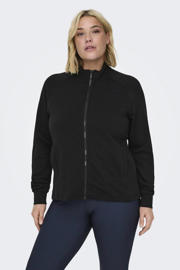 thumbnail: Zwarte dames ONLY PLAY CURVY Plus Size sportvest van katoen met effen, lange mouwen, opstaande kraag en ritssluiting
