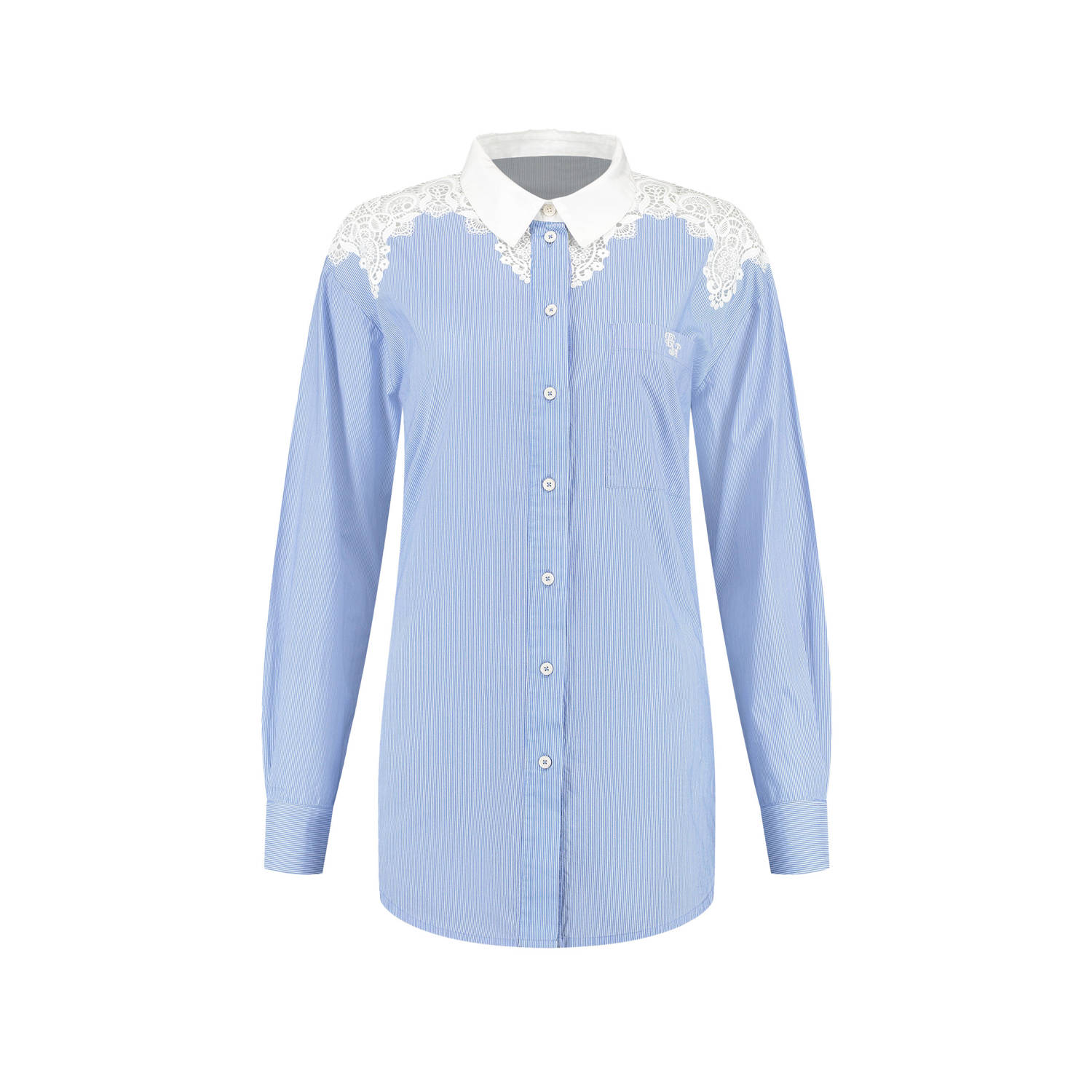 Fifth House blouse met krijtstreep en kant lichtblauw wit